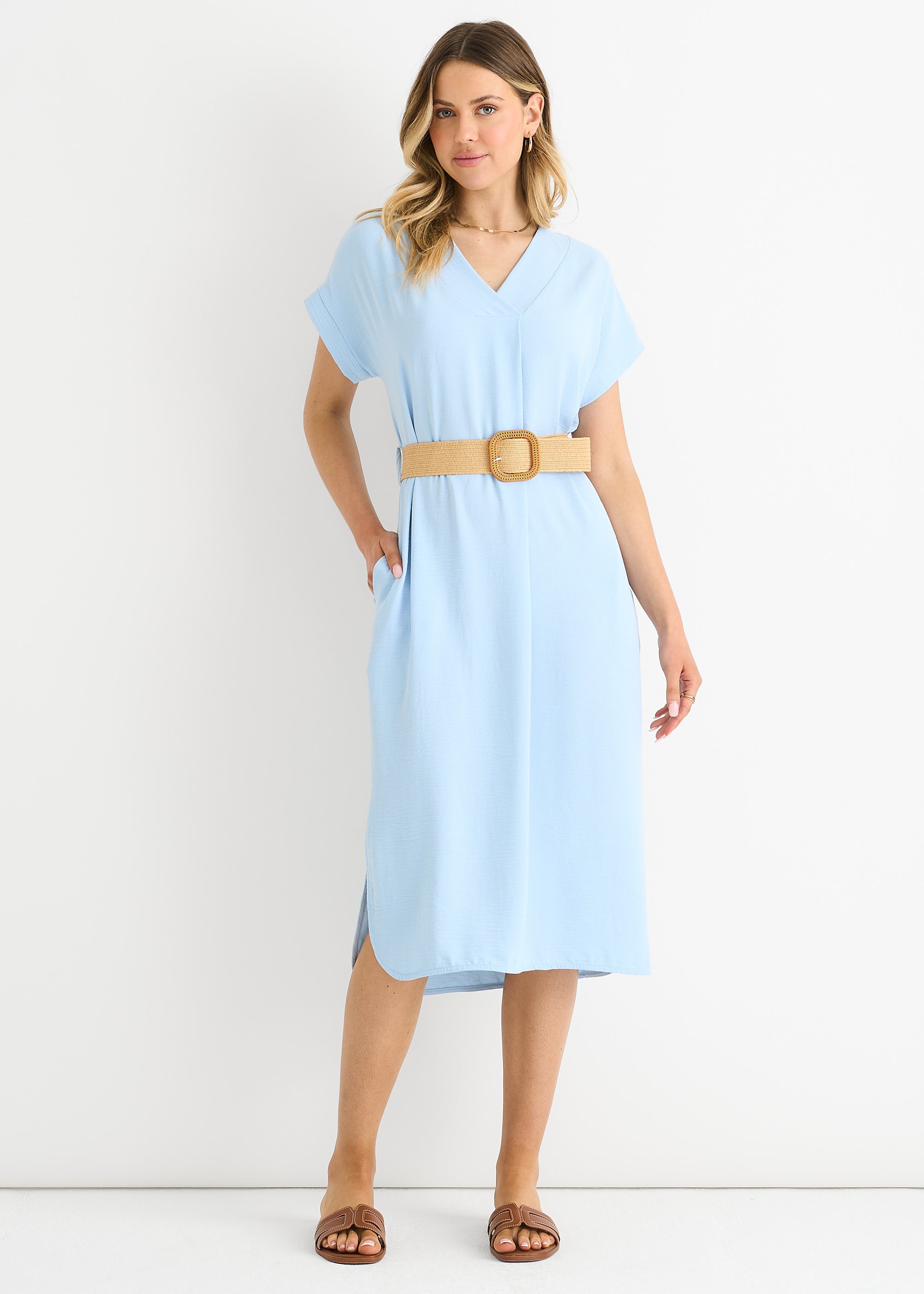 Blue Air Flow Belted Oversized Dress