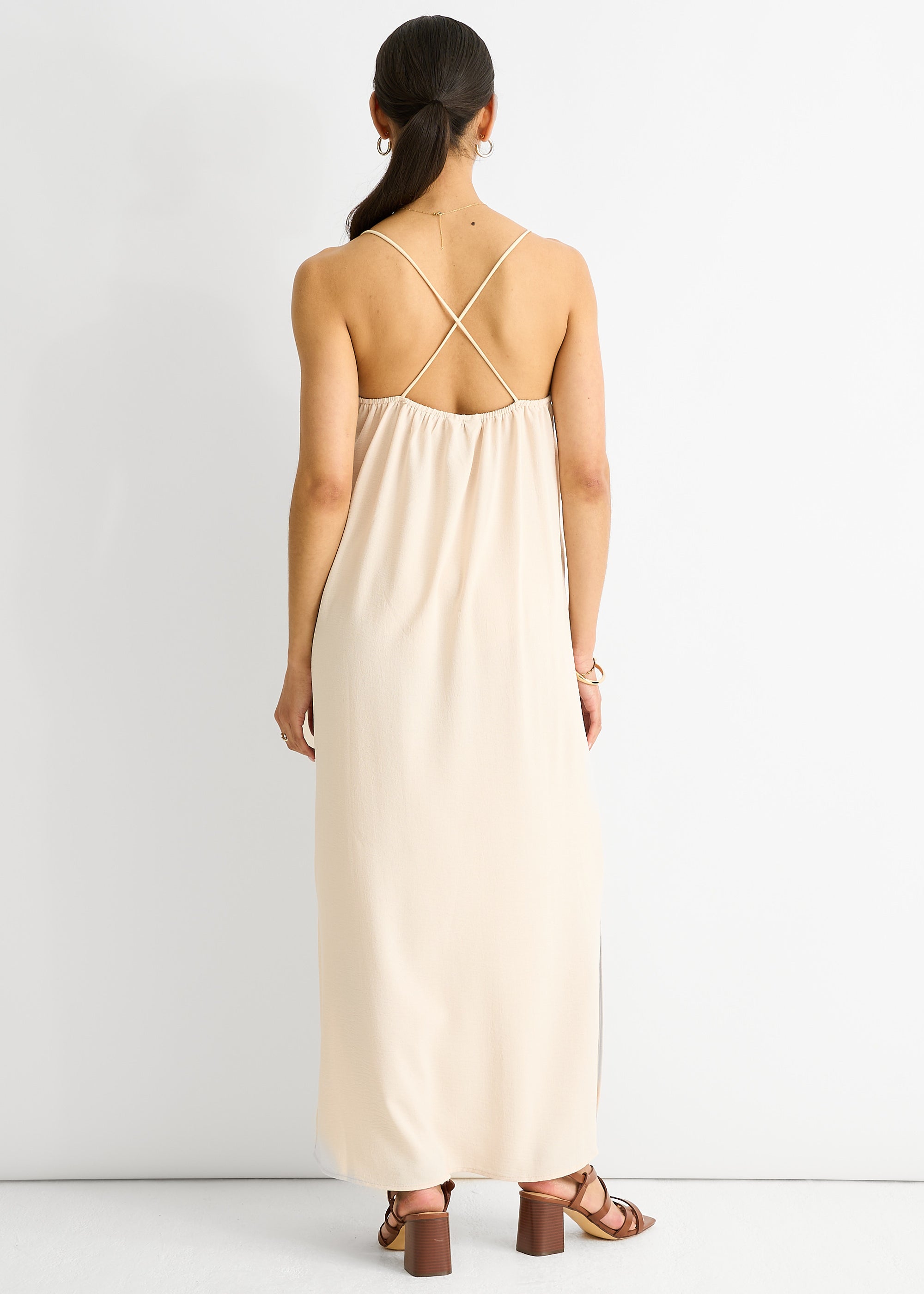 Beige Strappy Cross Back Airflow Oversized dress
