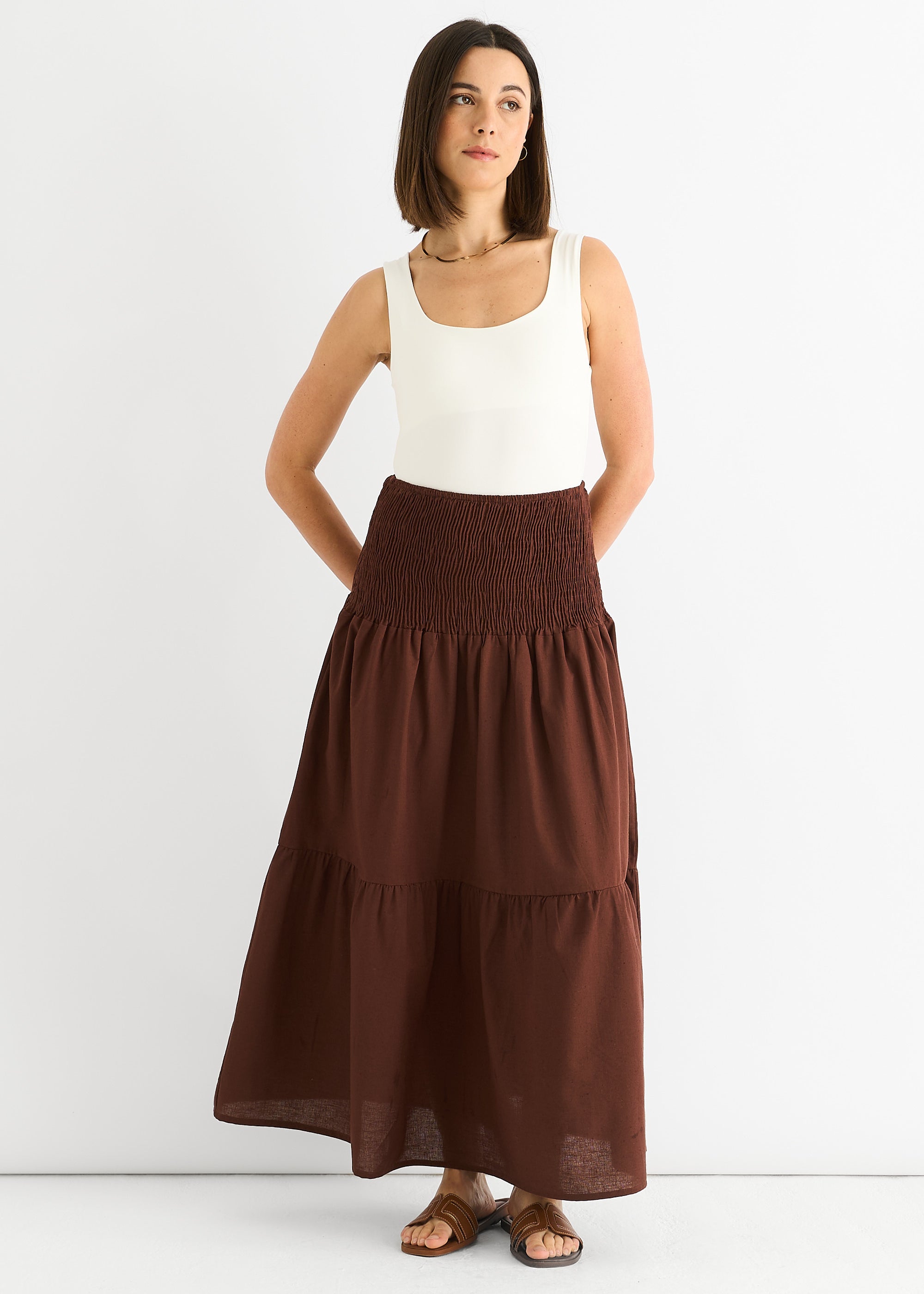 Chocolate Cotton Smock Tiered Cotton Maxi Skirt