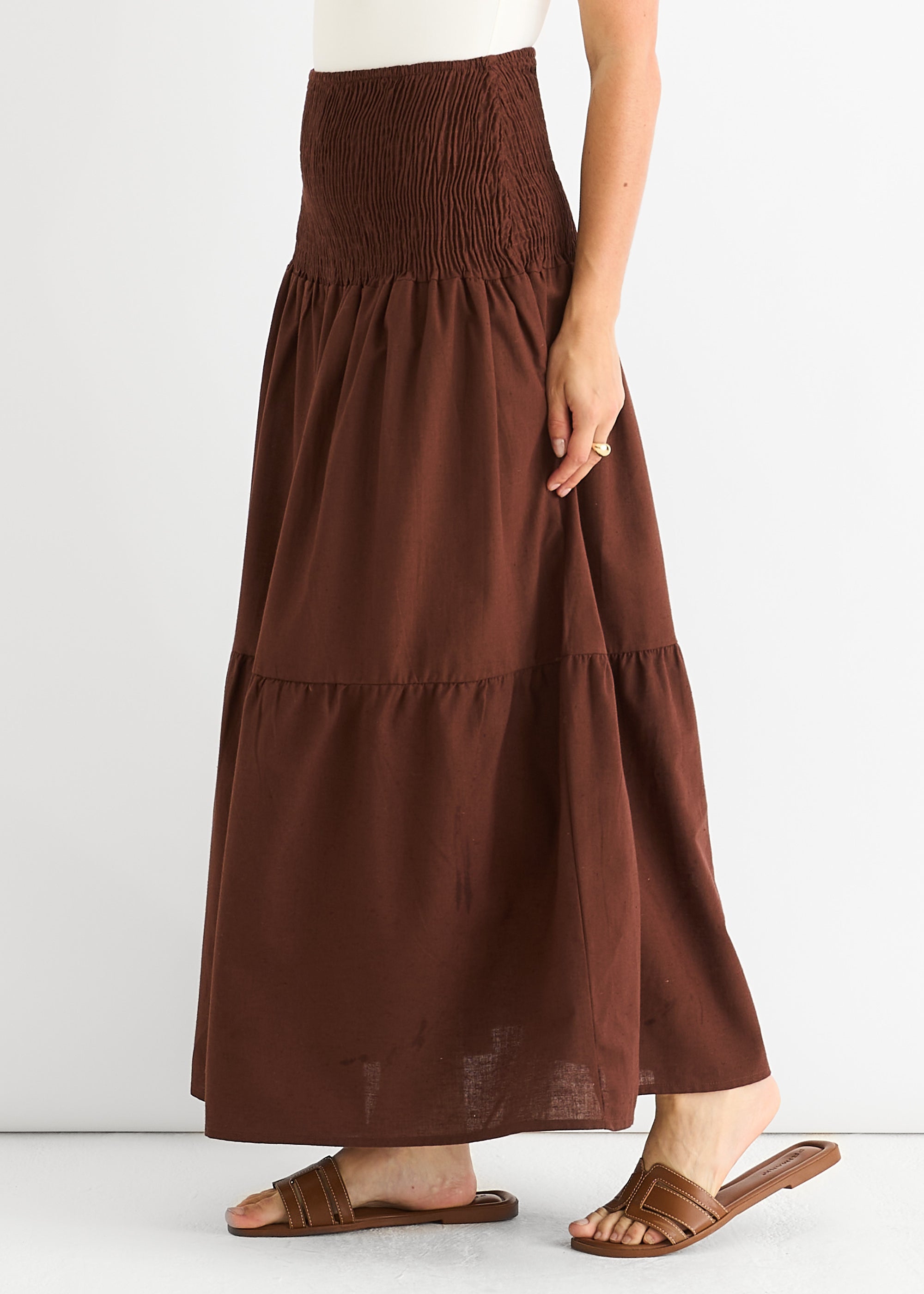 Chocolate Cotton Smock Tiered Cotton Maxi Skirt