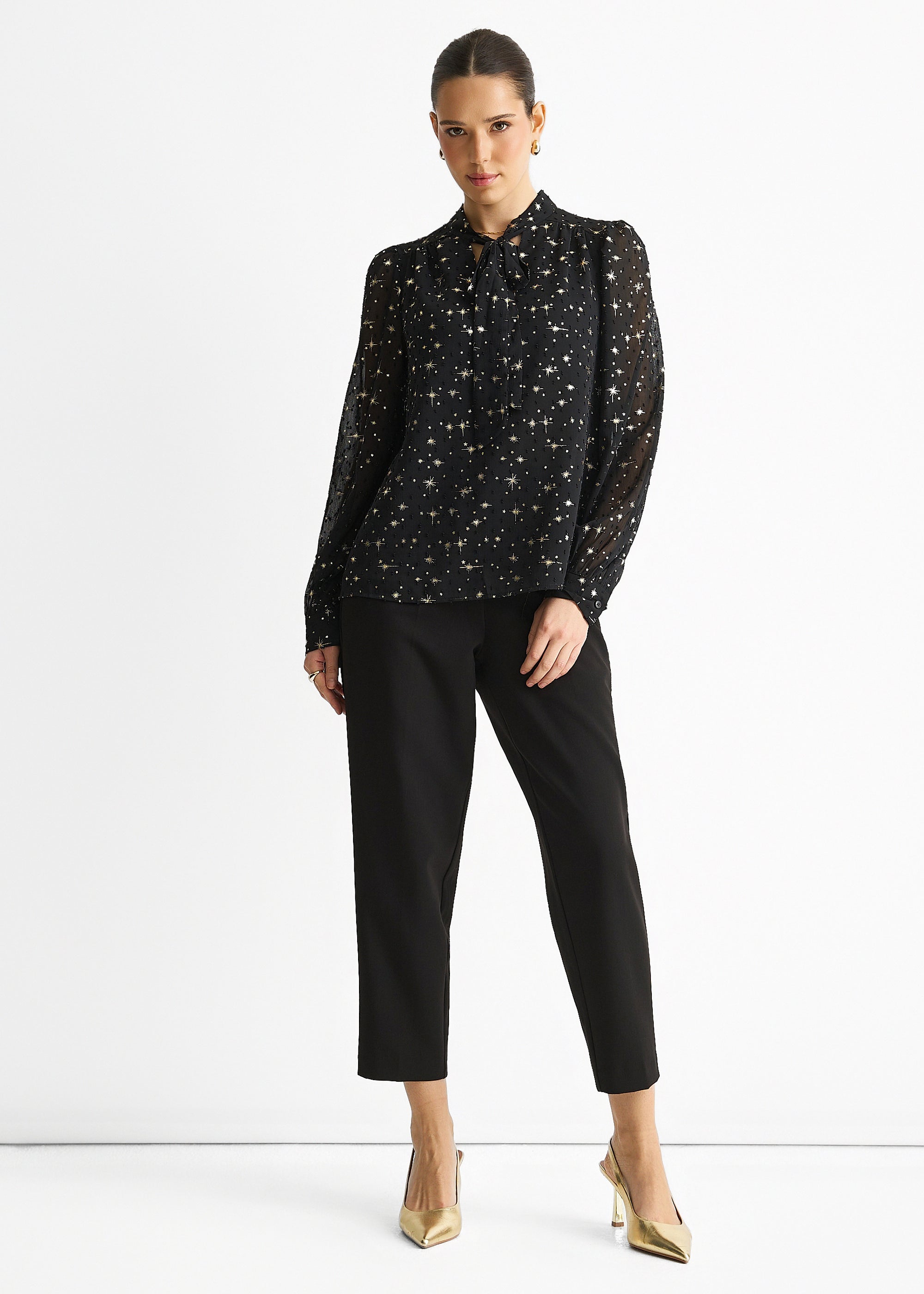 Black Dobby Star Chiffon Tie Neck Blouse