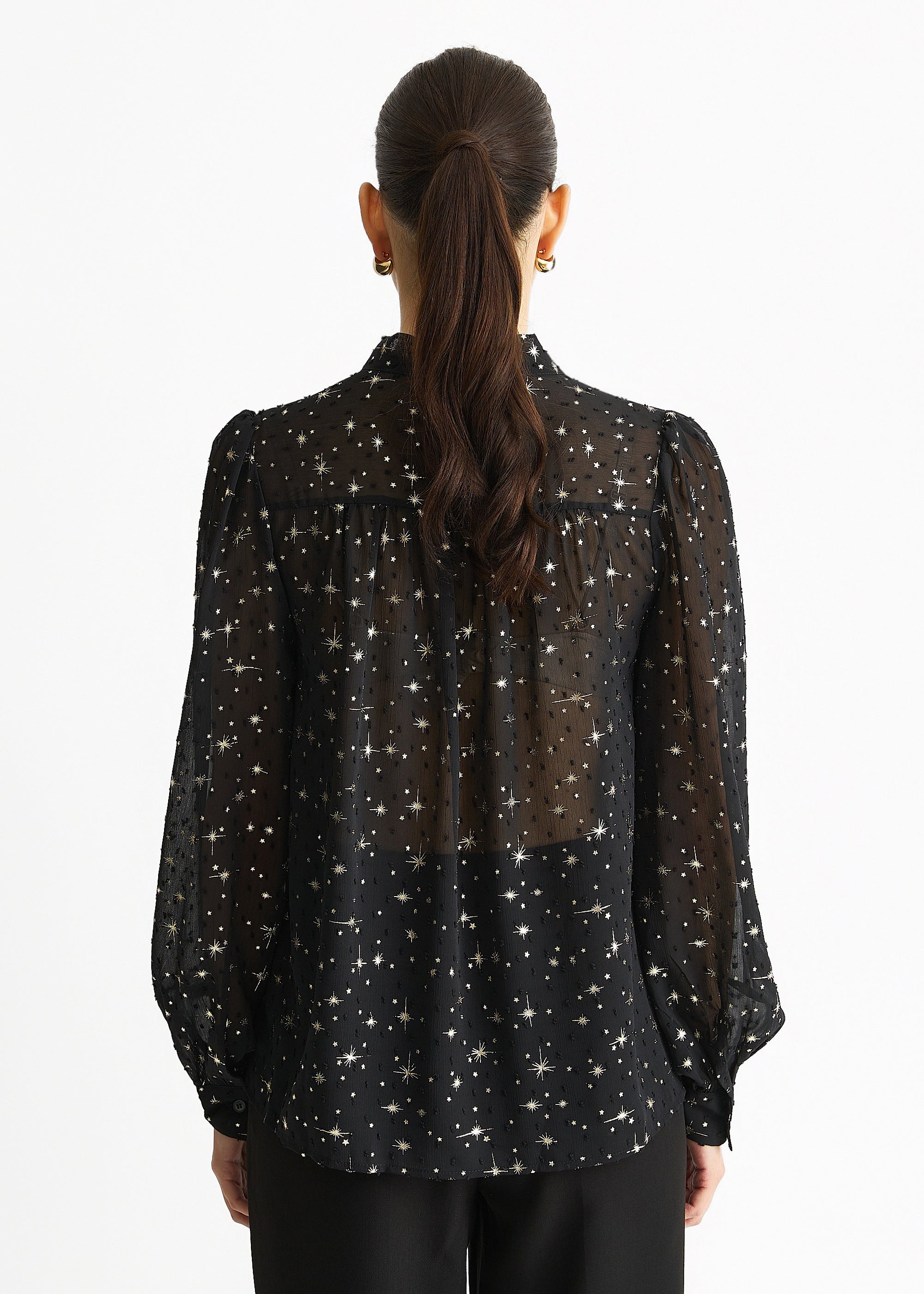 Black Dobby Star Chiffon Tie Neck Blouse