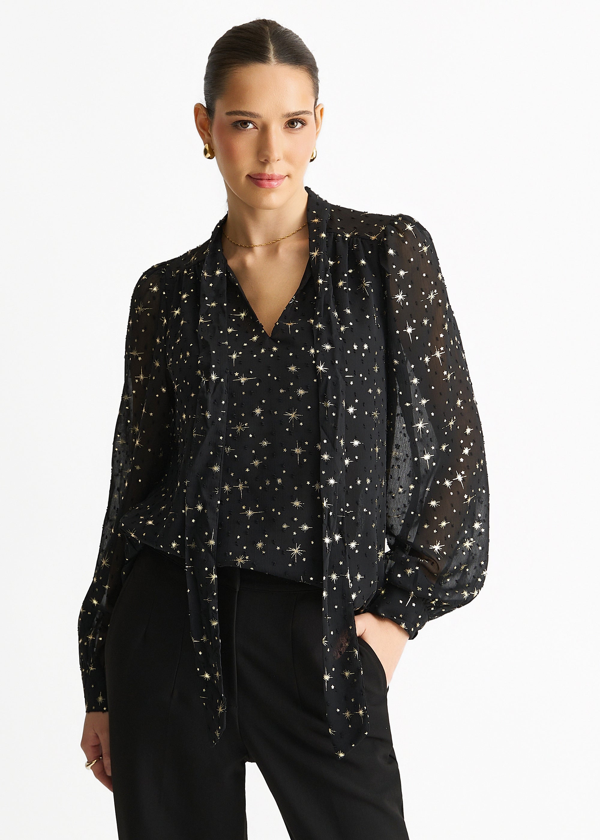 Black Dobby Star Chiffon Tie Neck Blouse