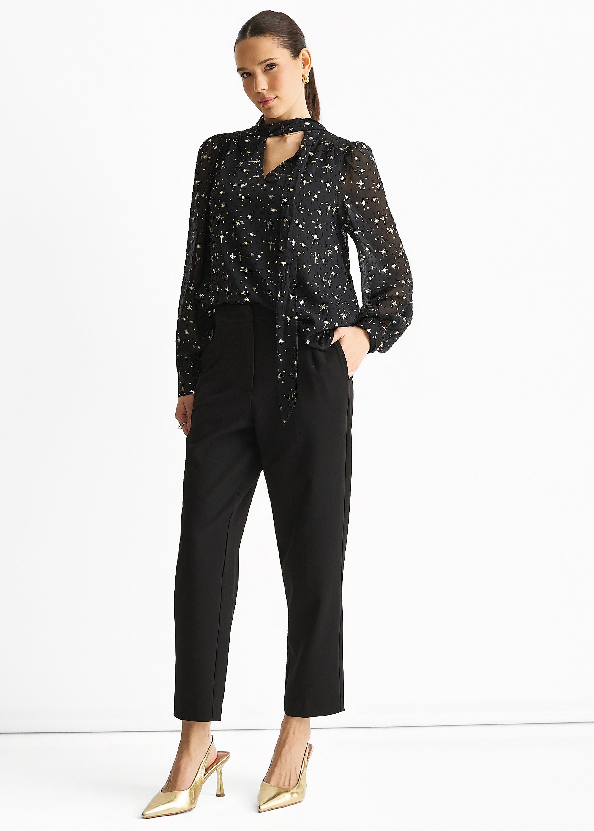 Black Dobby Star Chiffon Tie Neck Blouse