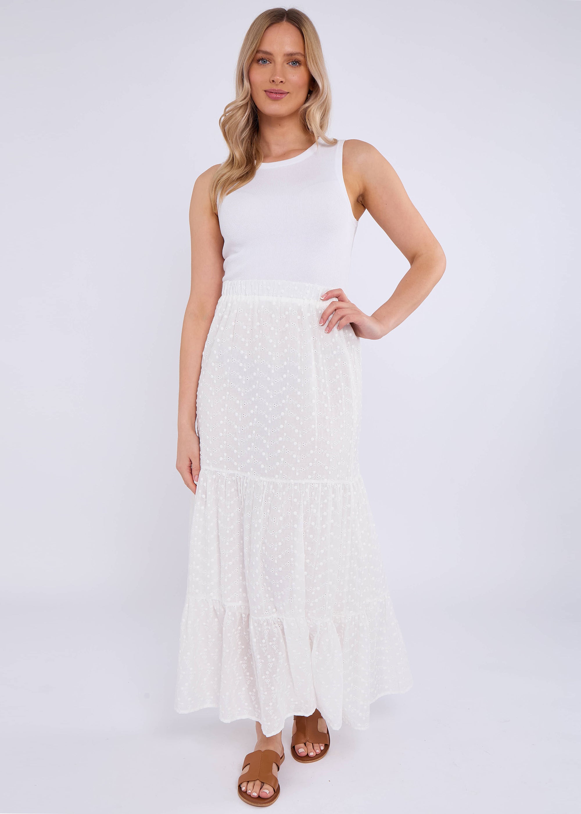 White Cotton Broderie Skater Maxi Skirt