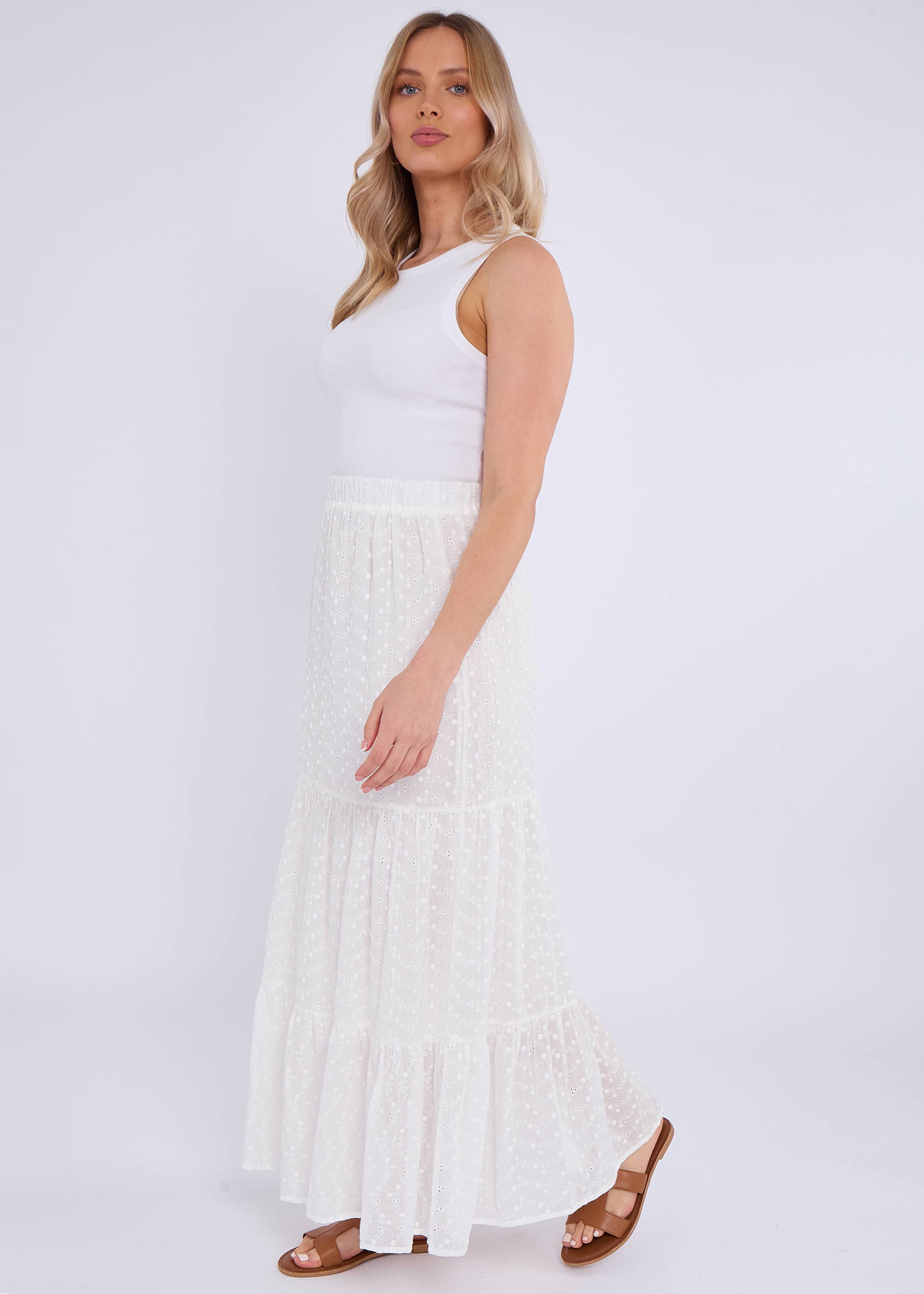 White Cotton Broderie Skater Maxi Skirt