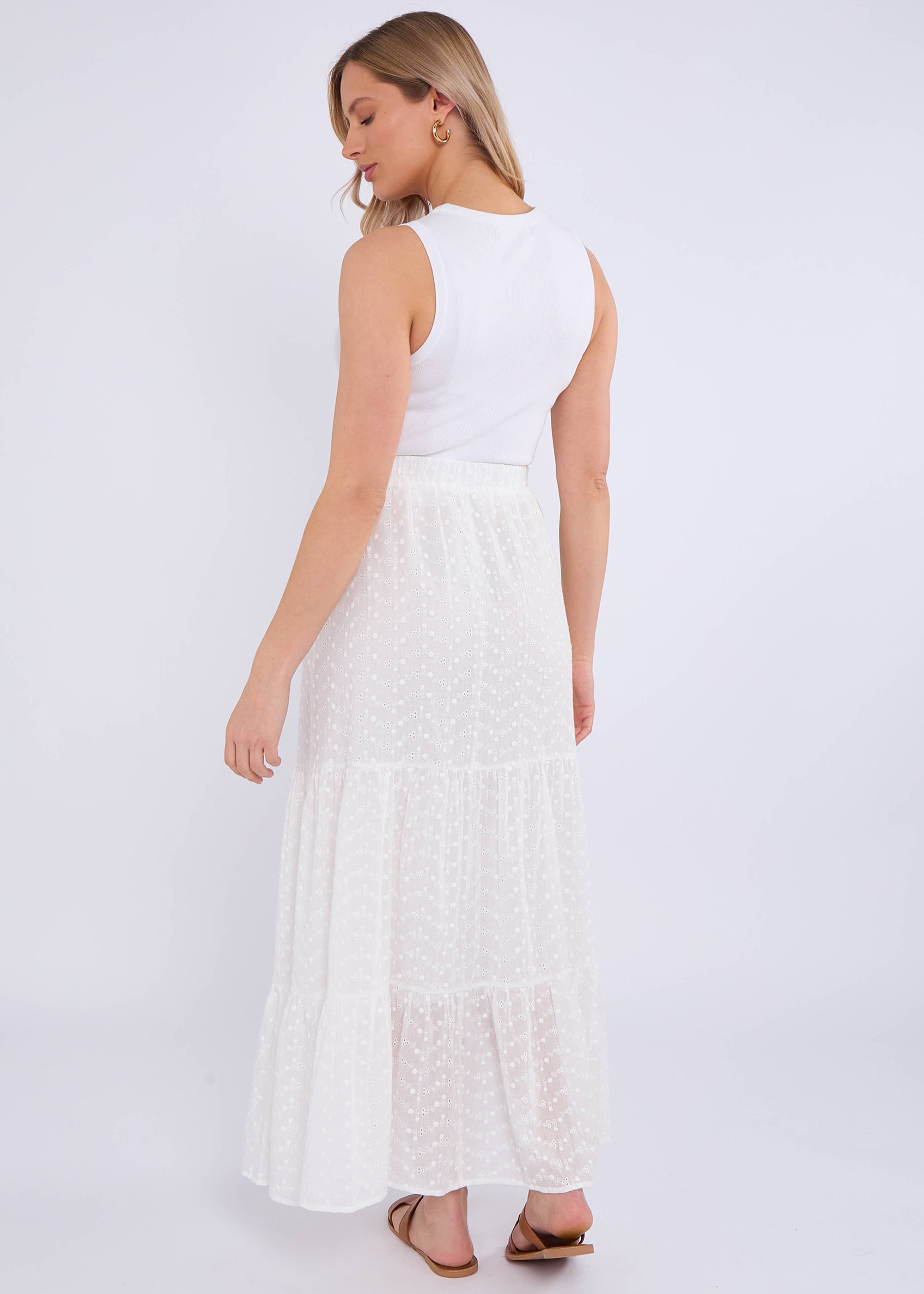 White Cotton Broderie Skater Maxi Skirt