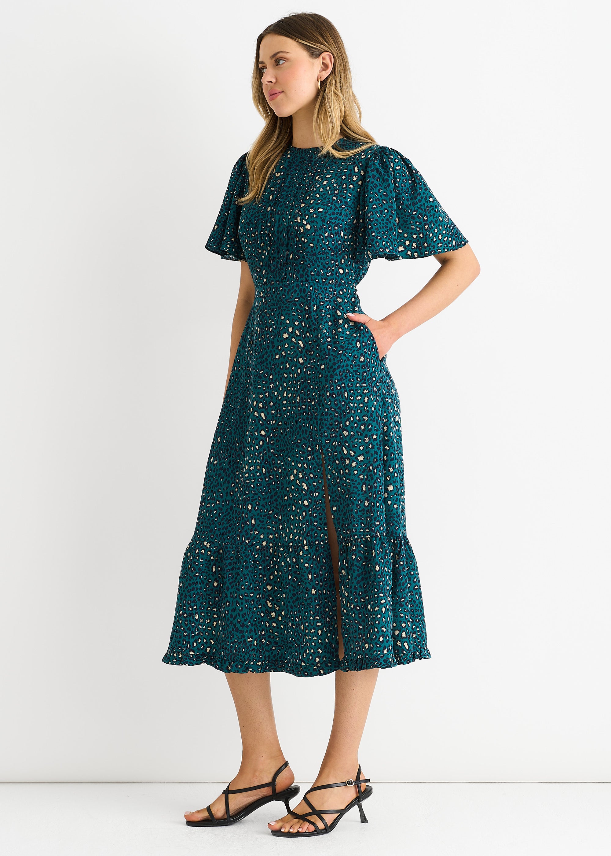 Green Animal Print Smock Tiered Midi Dress