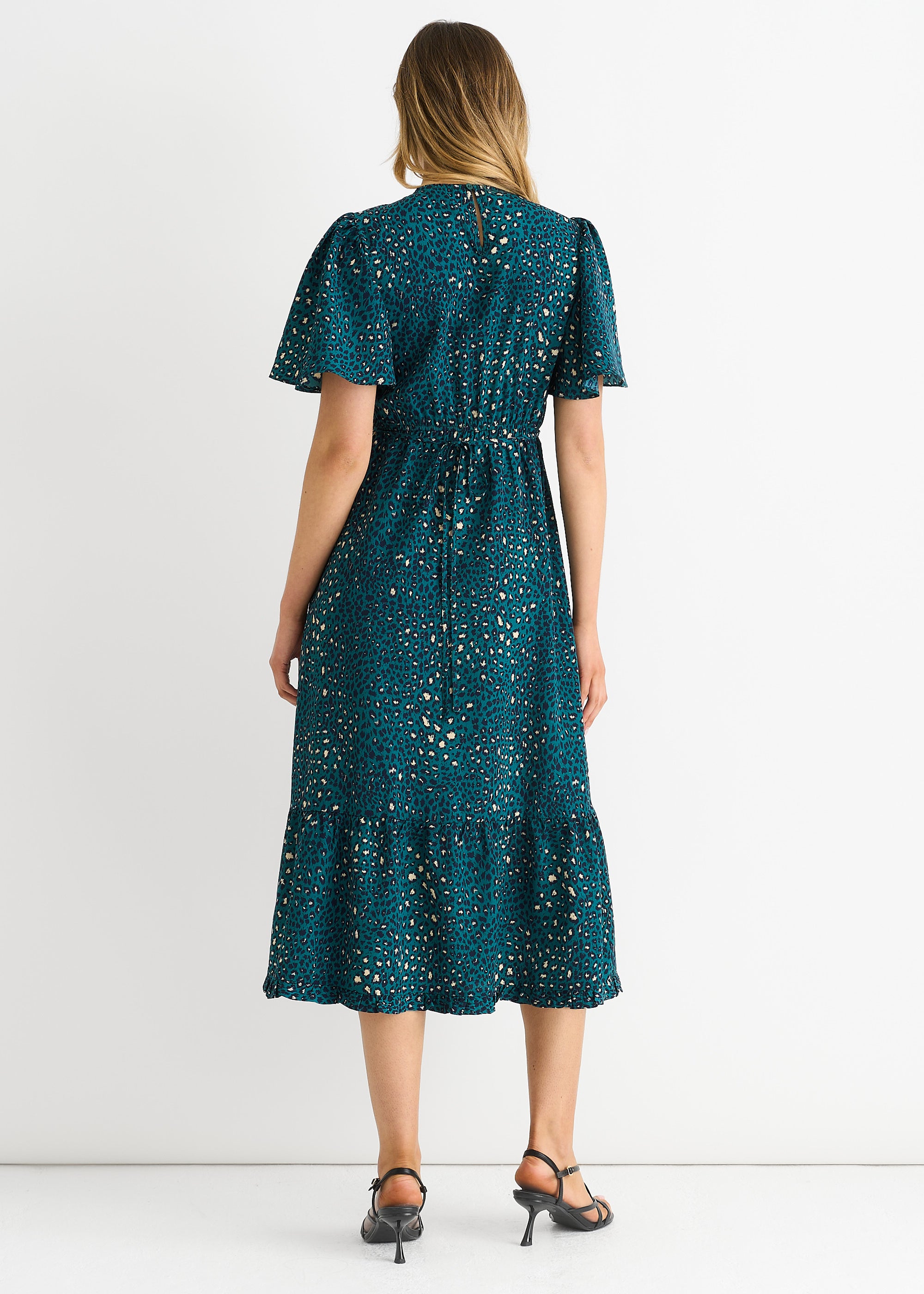 Green Animal Print Smock Tiered Midi Dress