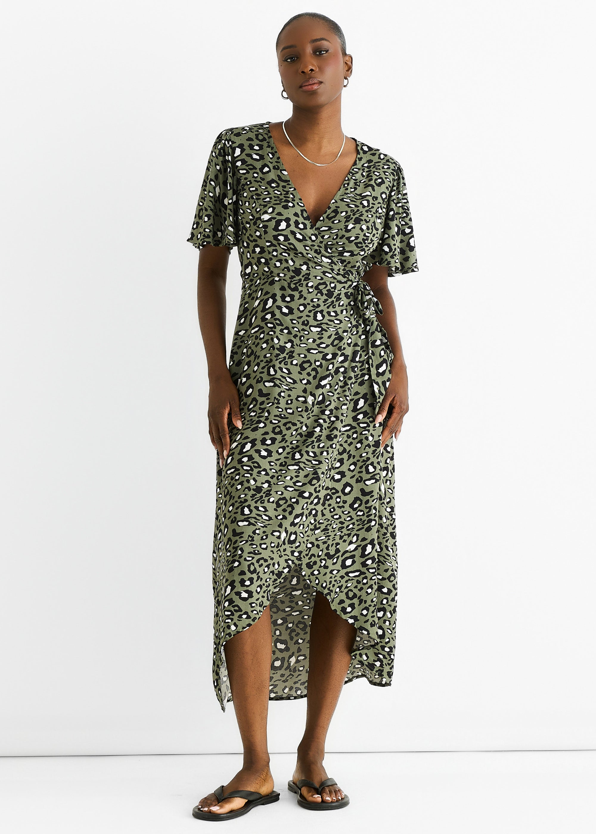 Khaki Animal Print Viscose Wrap Midi Dress – Gini London
