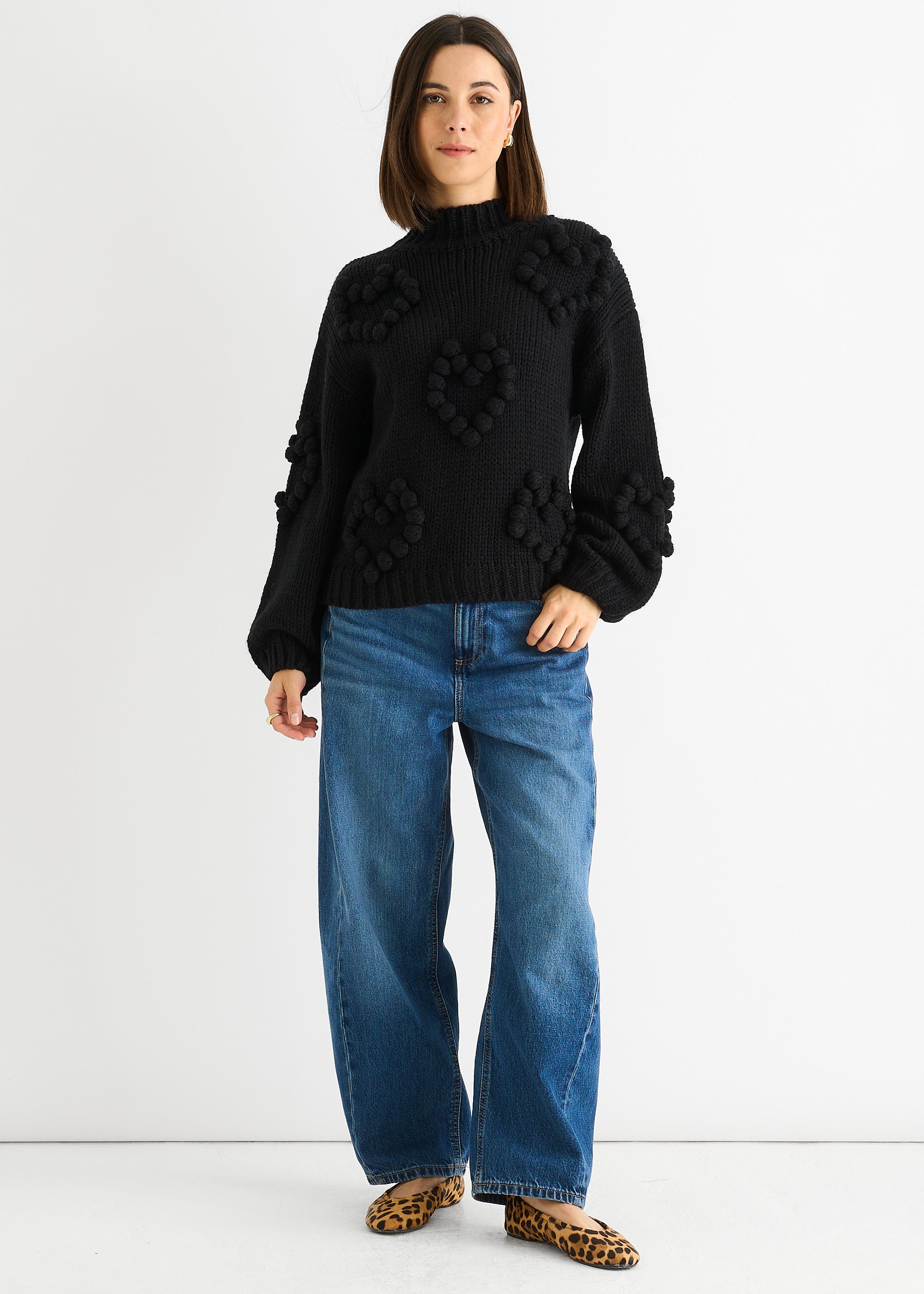 Black Heart Bubble Chunky Knit High Neck Jumper