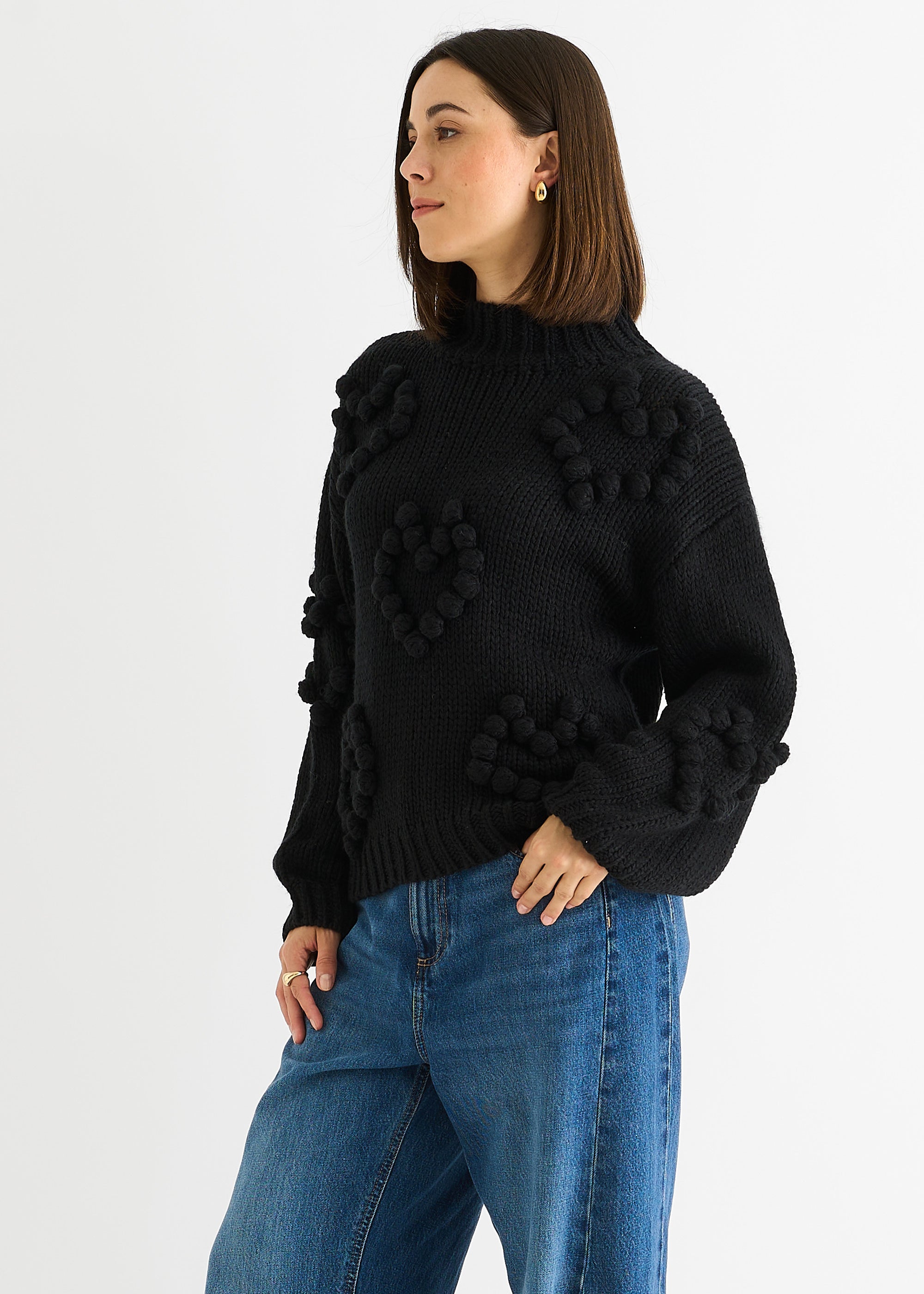 Black Heart Bubble Chunky Knit High Neck Jumper