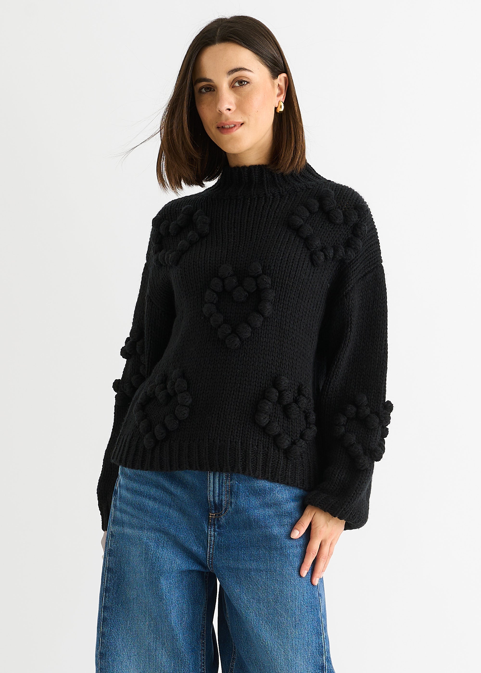 Black Heart Bubble Chunky Knit High Neck Jumper