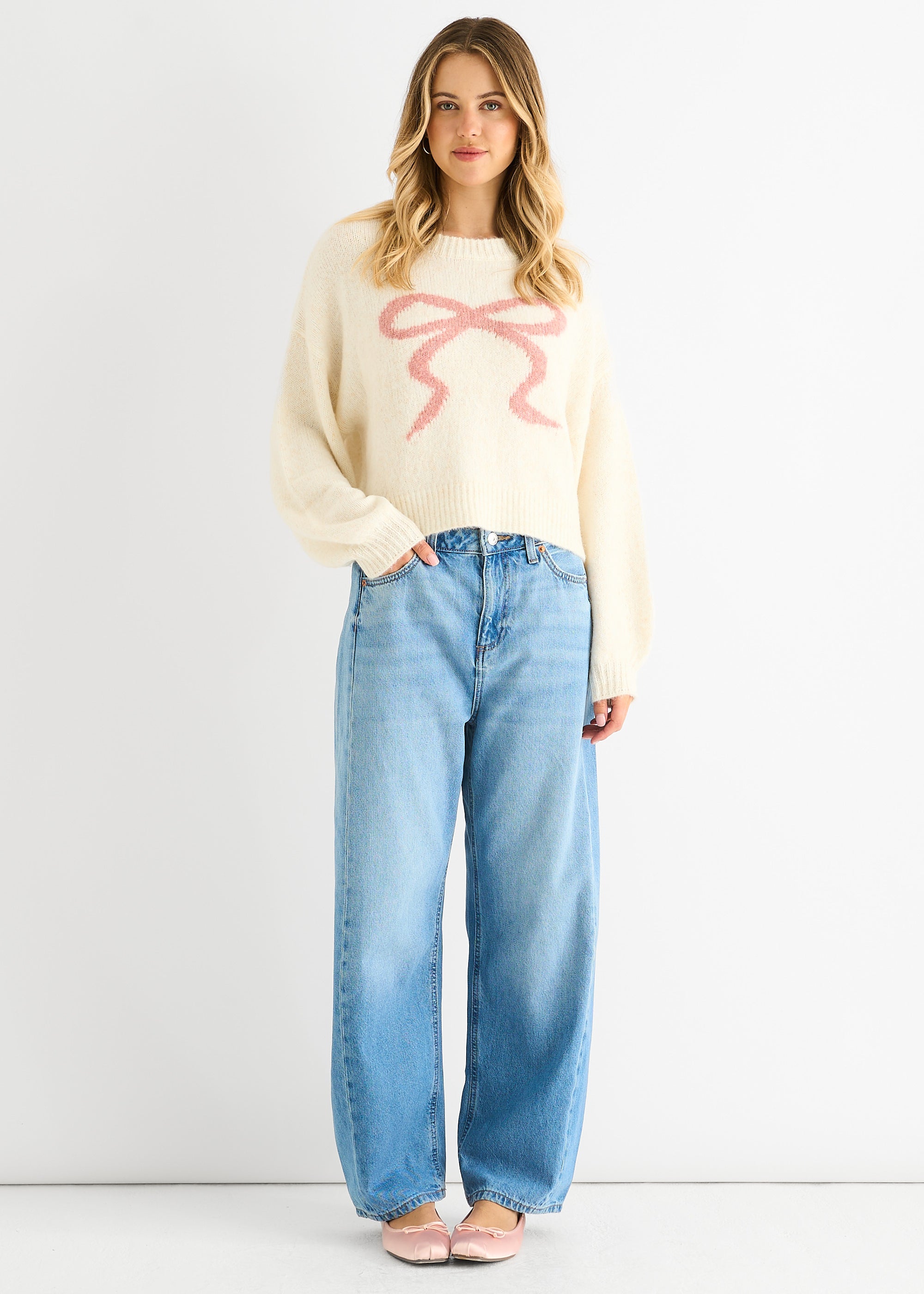 Cream Embossed Contrast Bow Short Knit Jumper