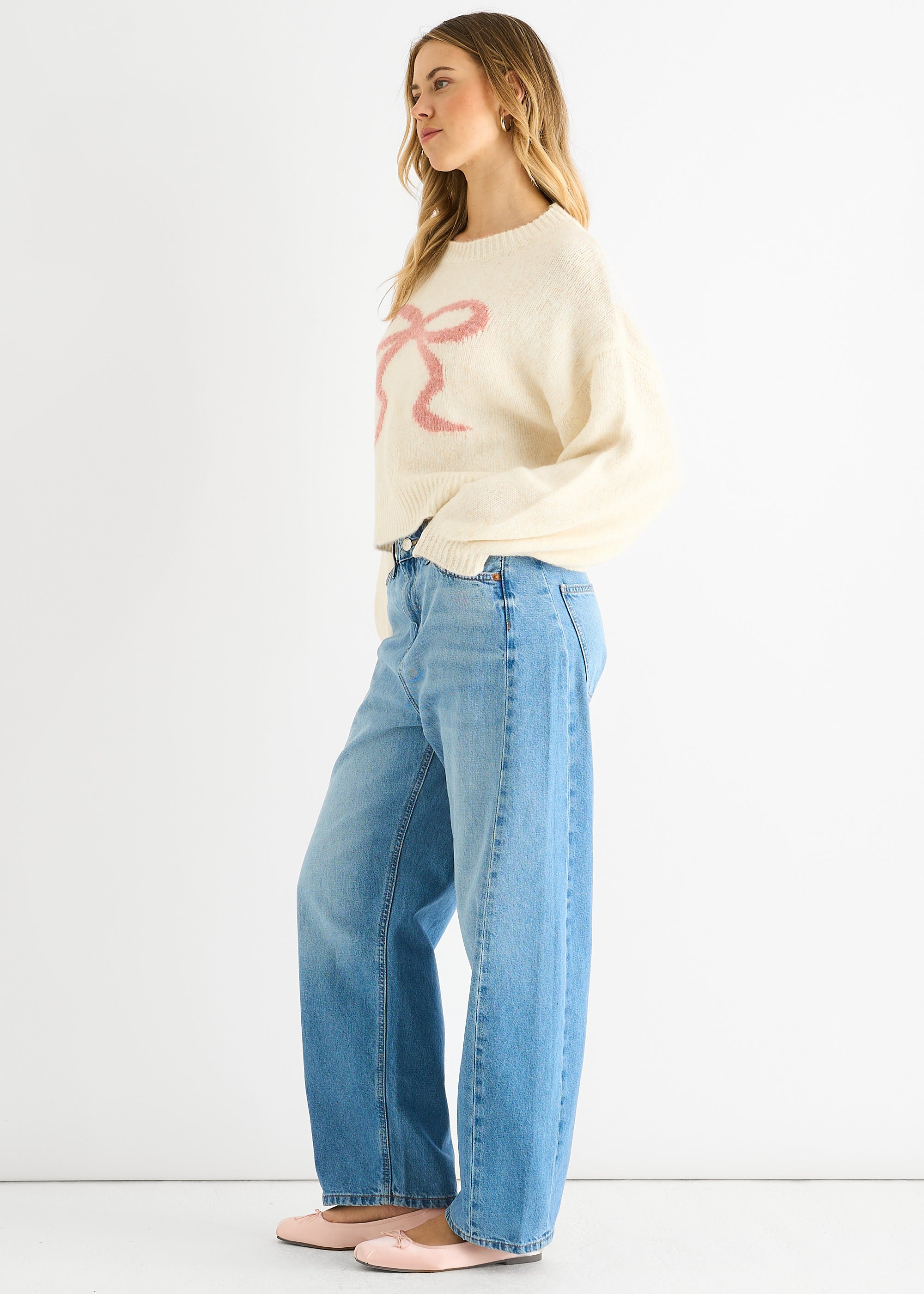 Cream Embossed Contrast Bow Short Knit Jumper