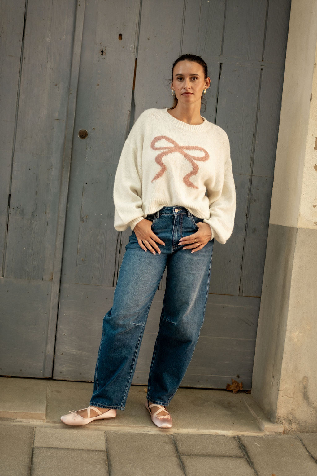 Cream Embossed Contrast Bow Short Knit Jumper