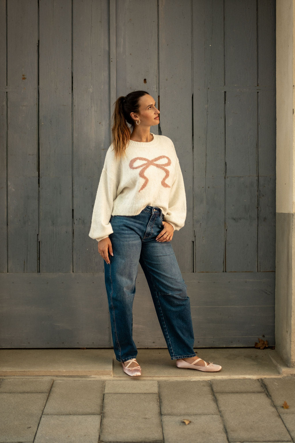 Cream Embossed Contrast Bow Short Knit Jumper