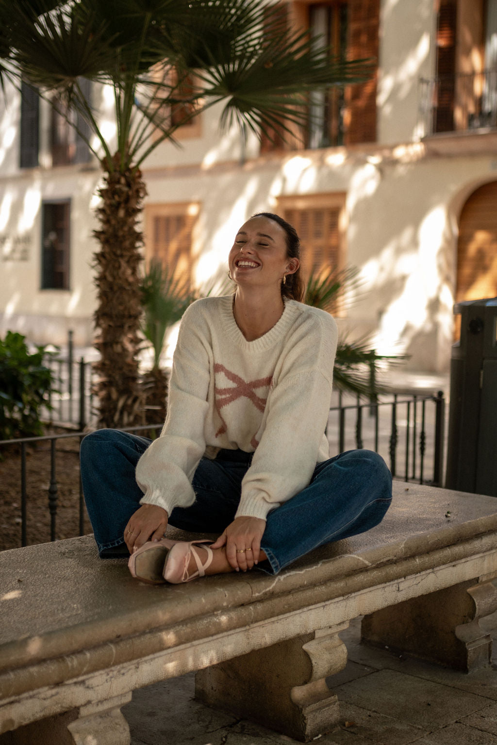 Cream Embossed Contrast Bow Short Knit Jumper