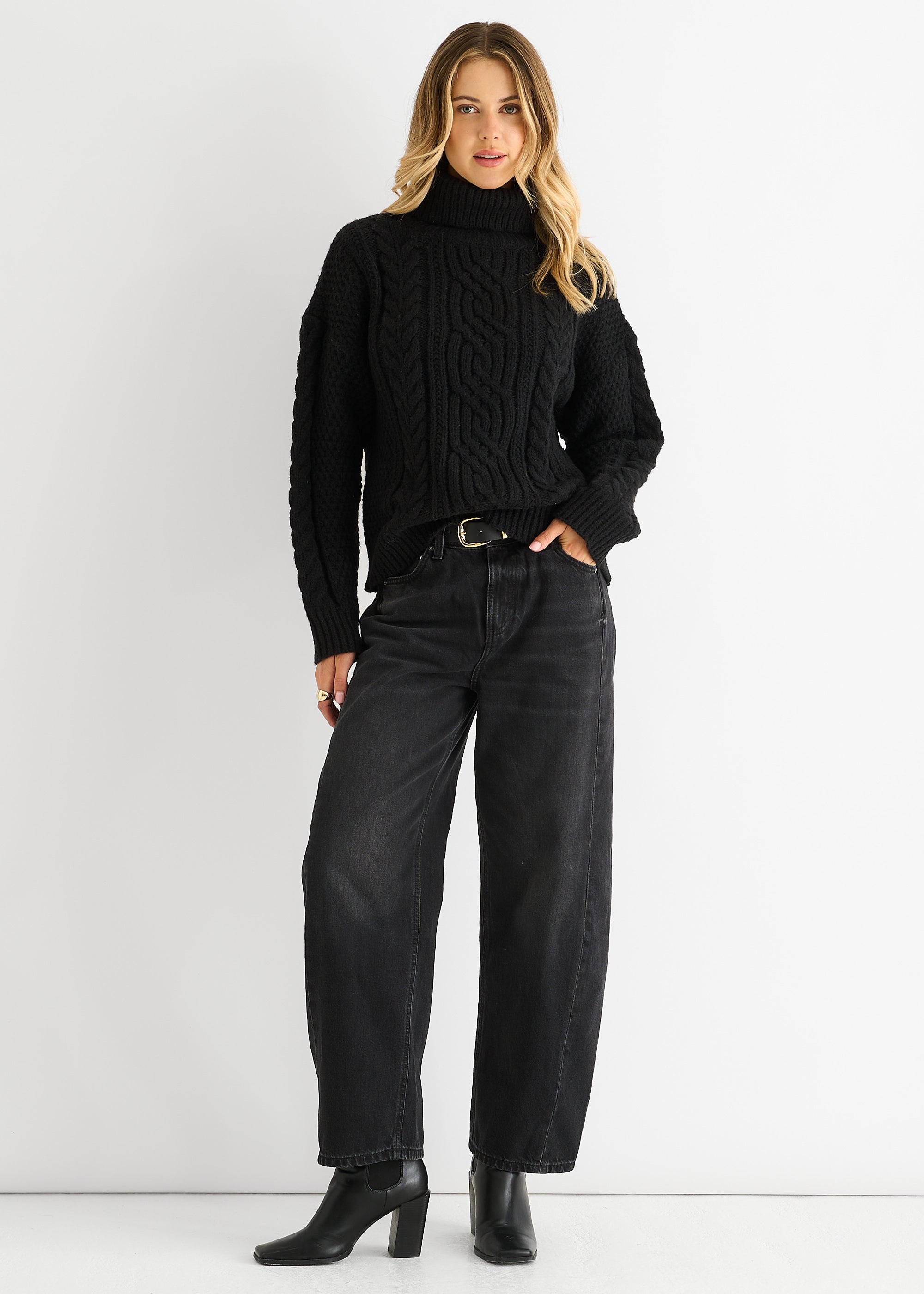 Black Cable Knit High Neck Knit Jumper