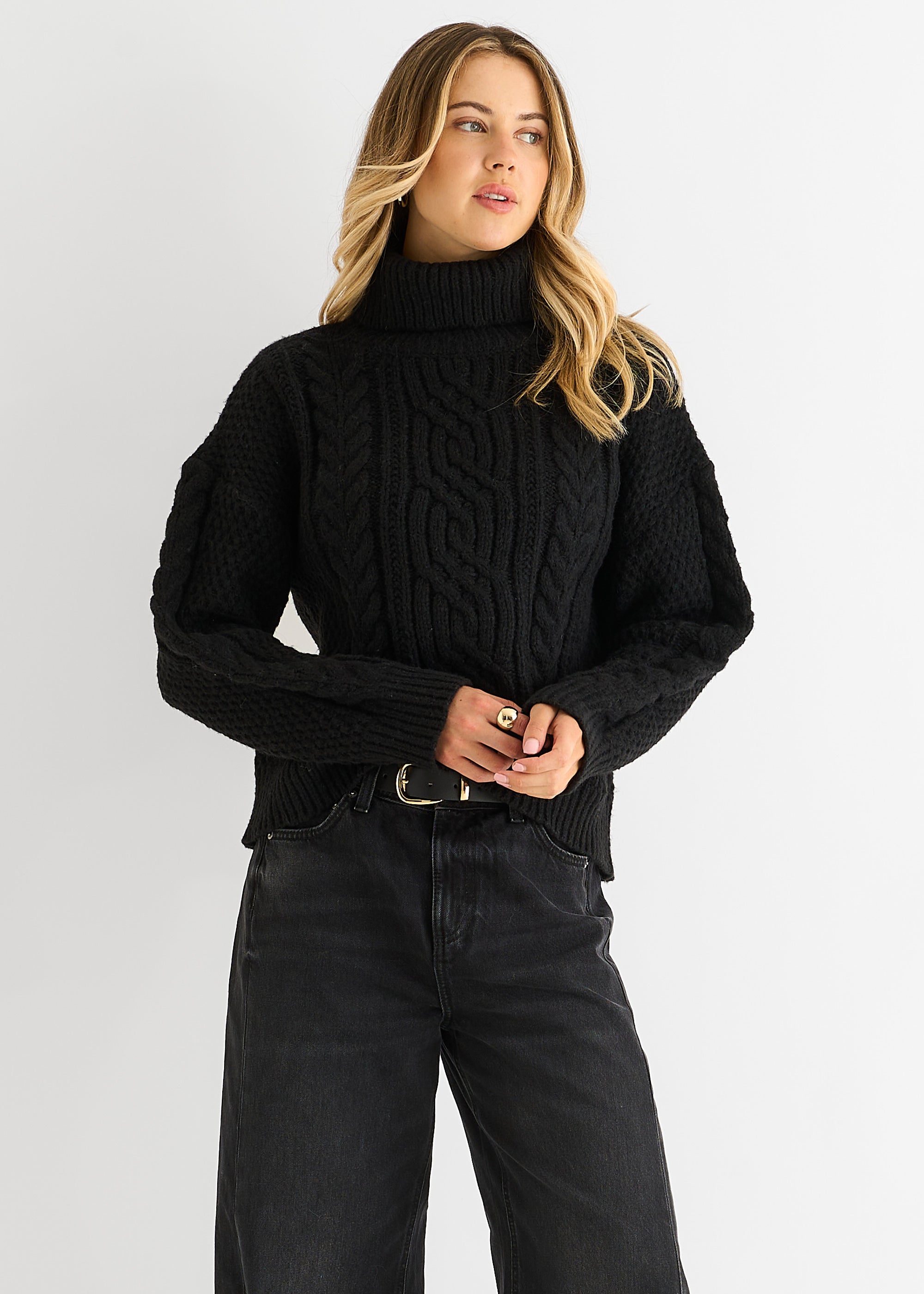 Black Cable Knit High Neck Knit Jumper