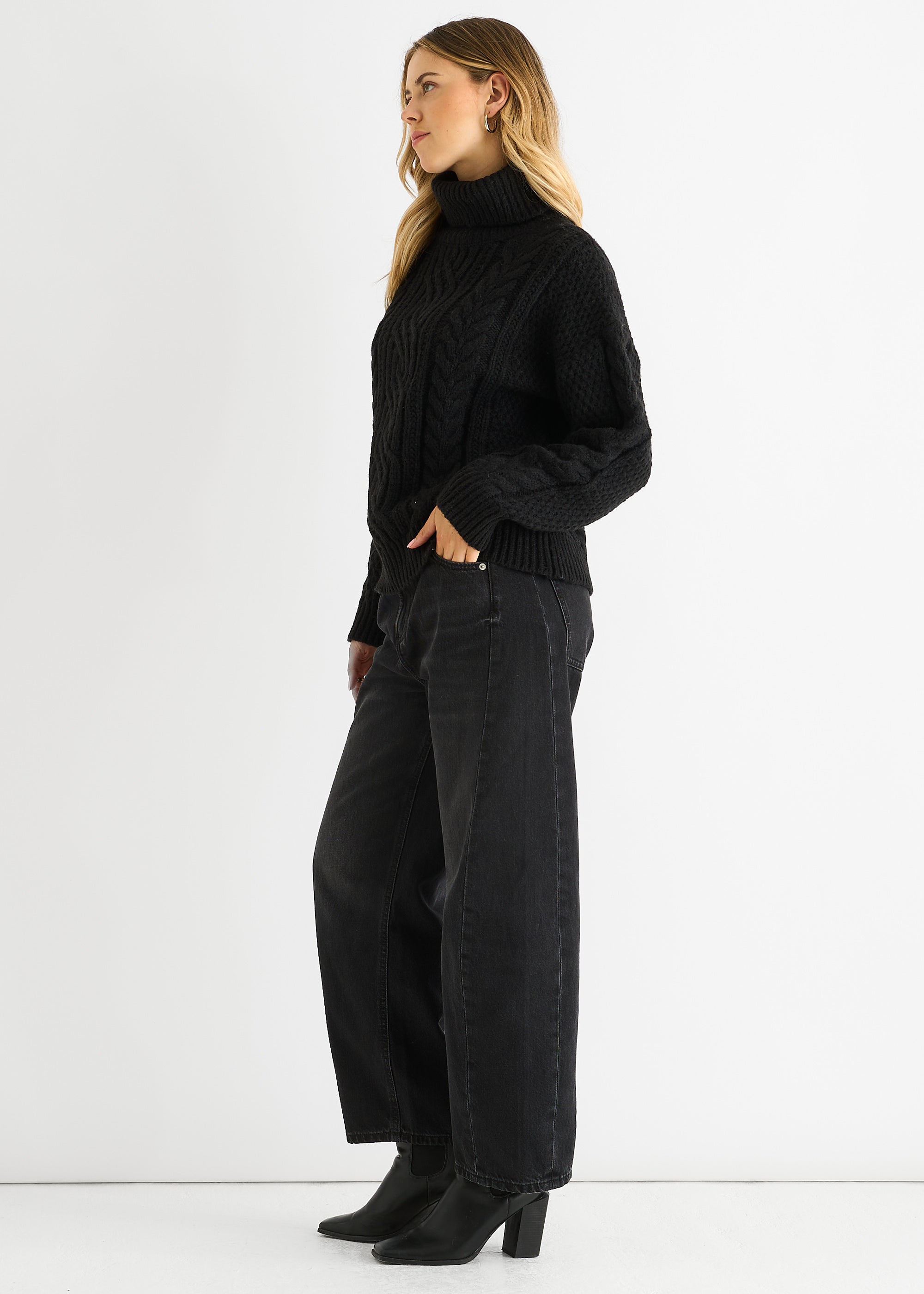 Black Cable Knit High Neck Knit Jumper