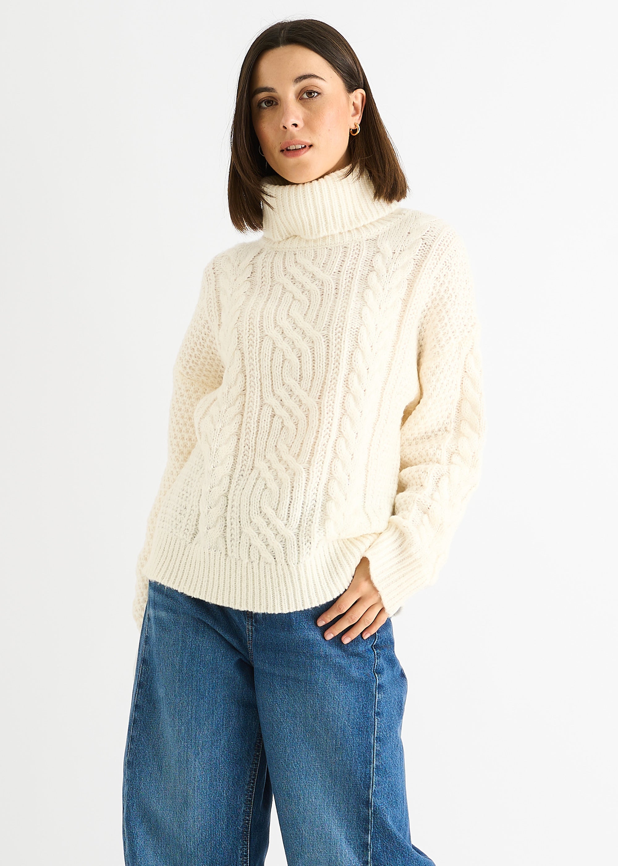 Cream Cable Knit High Neck Knit Jumper
