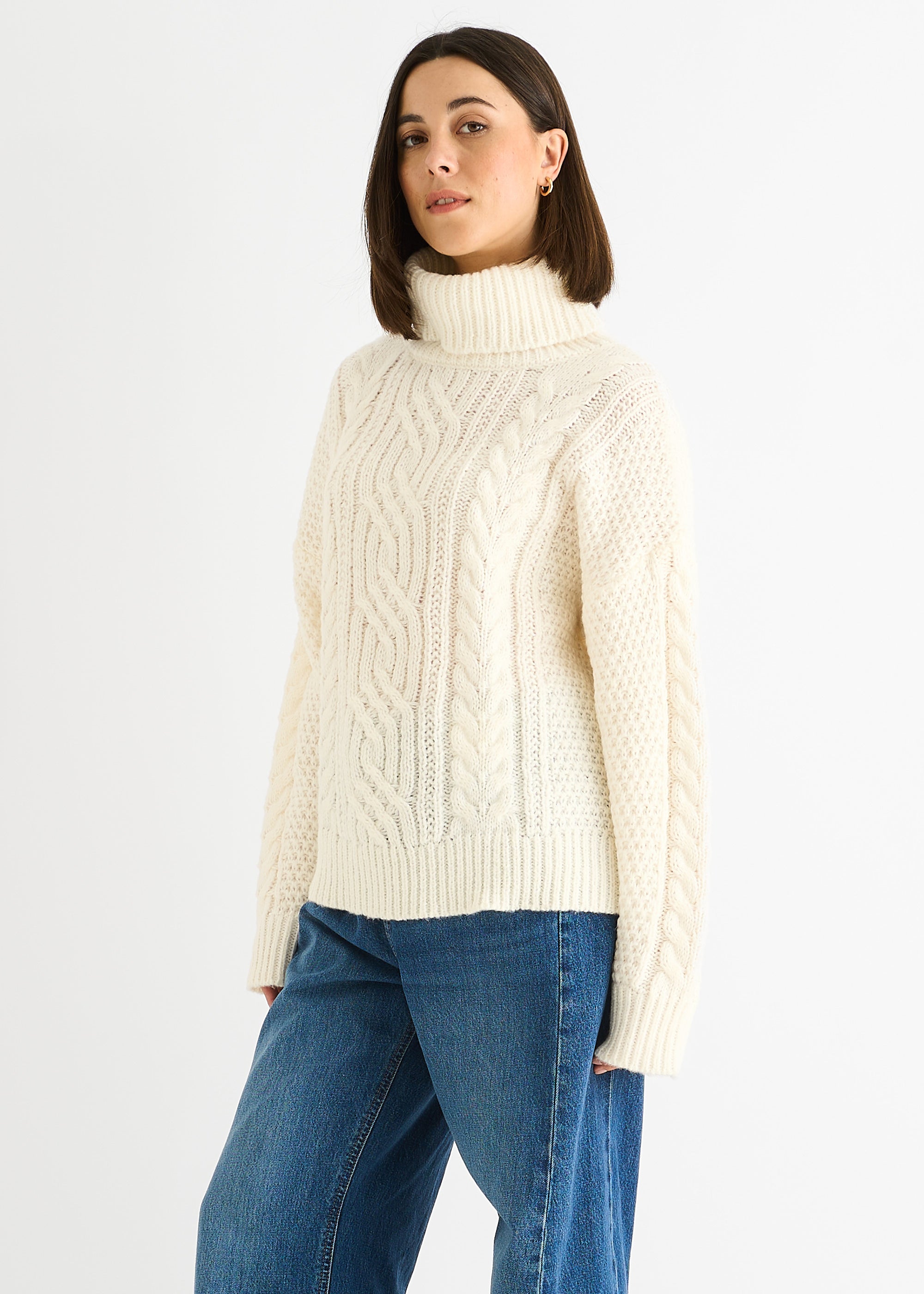 Cream Cable Knit High Neck Knit Jumper
