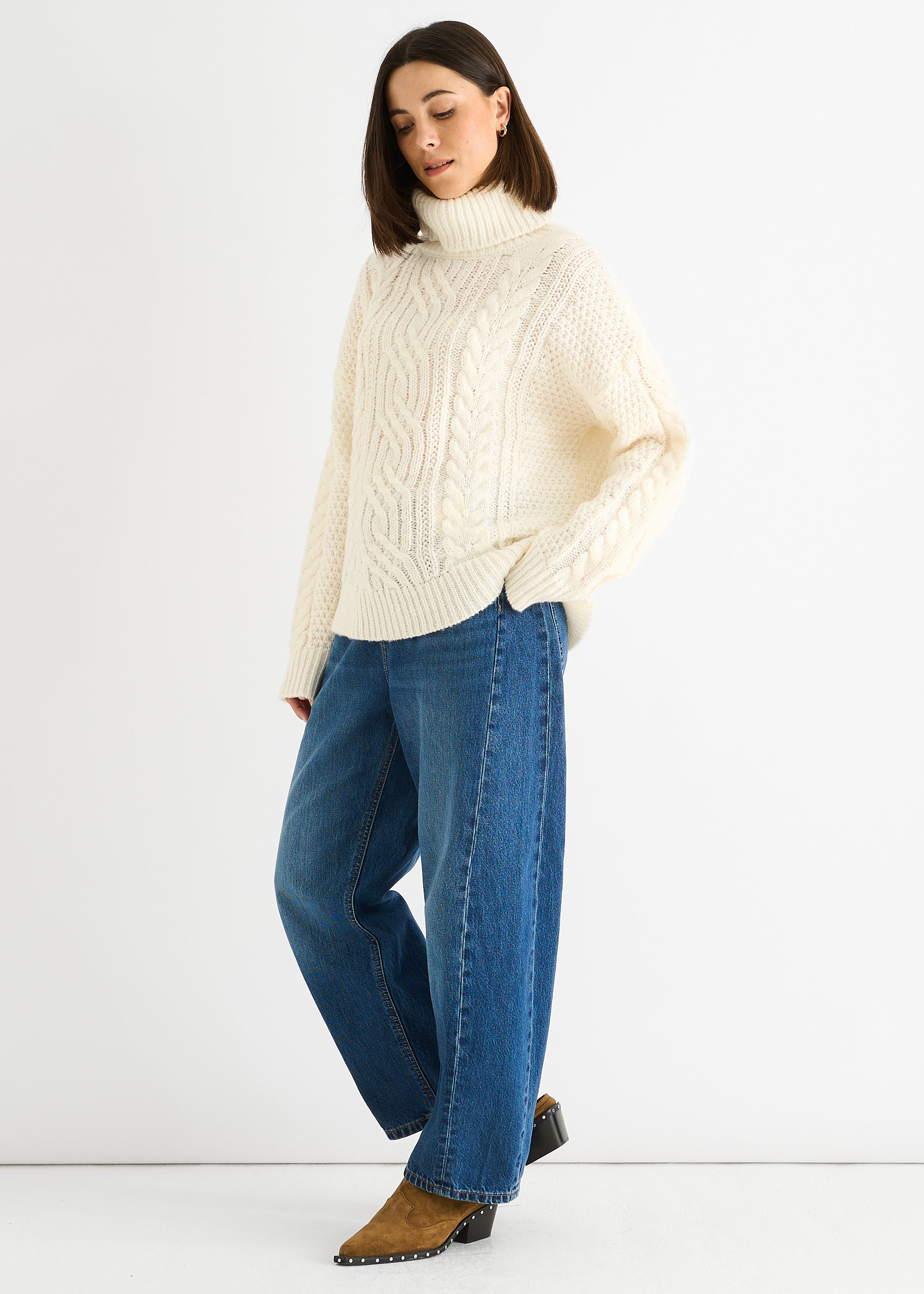 Cream Cable Knit High Neck Knit Jumper