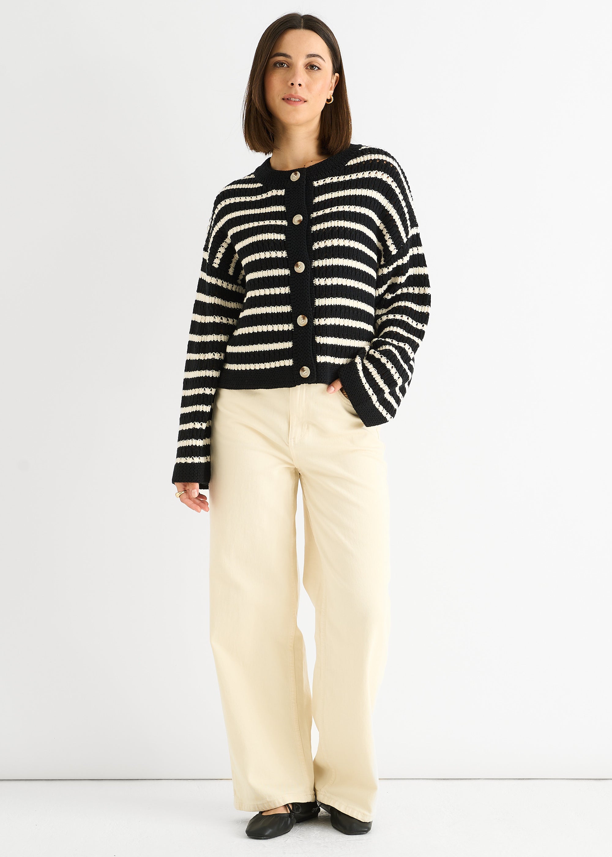 Black Stripe Cable Knit Crop Cardigan