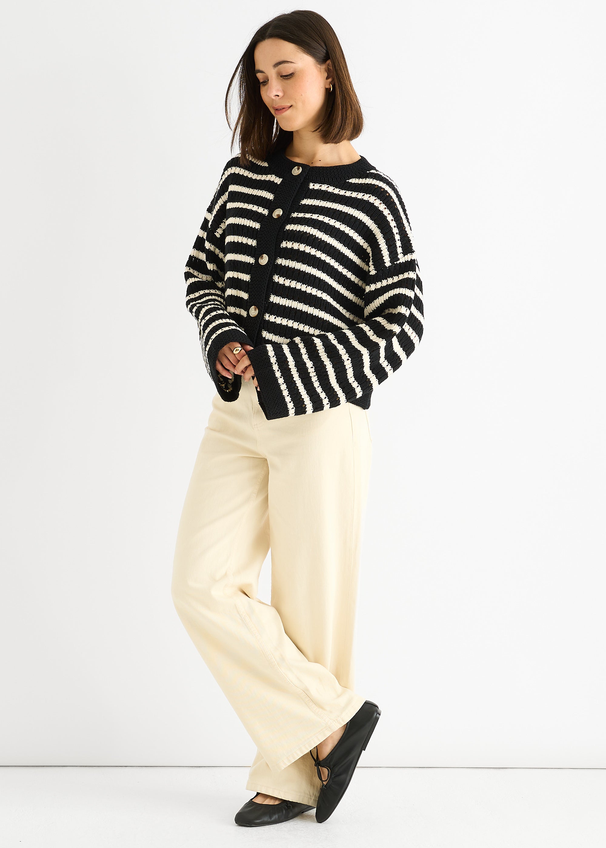 Black Stripe Cable Knit Crop Cardigan