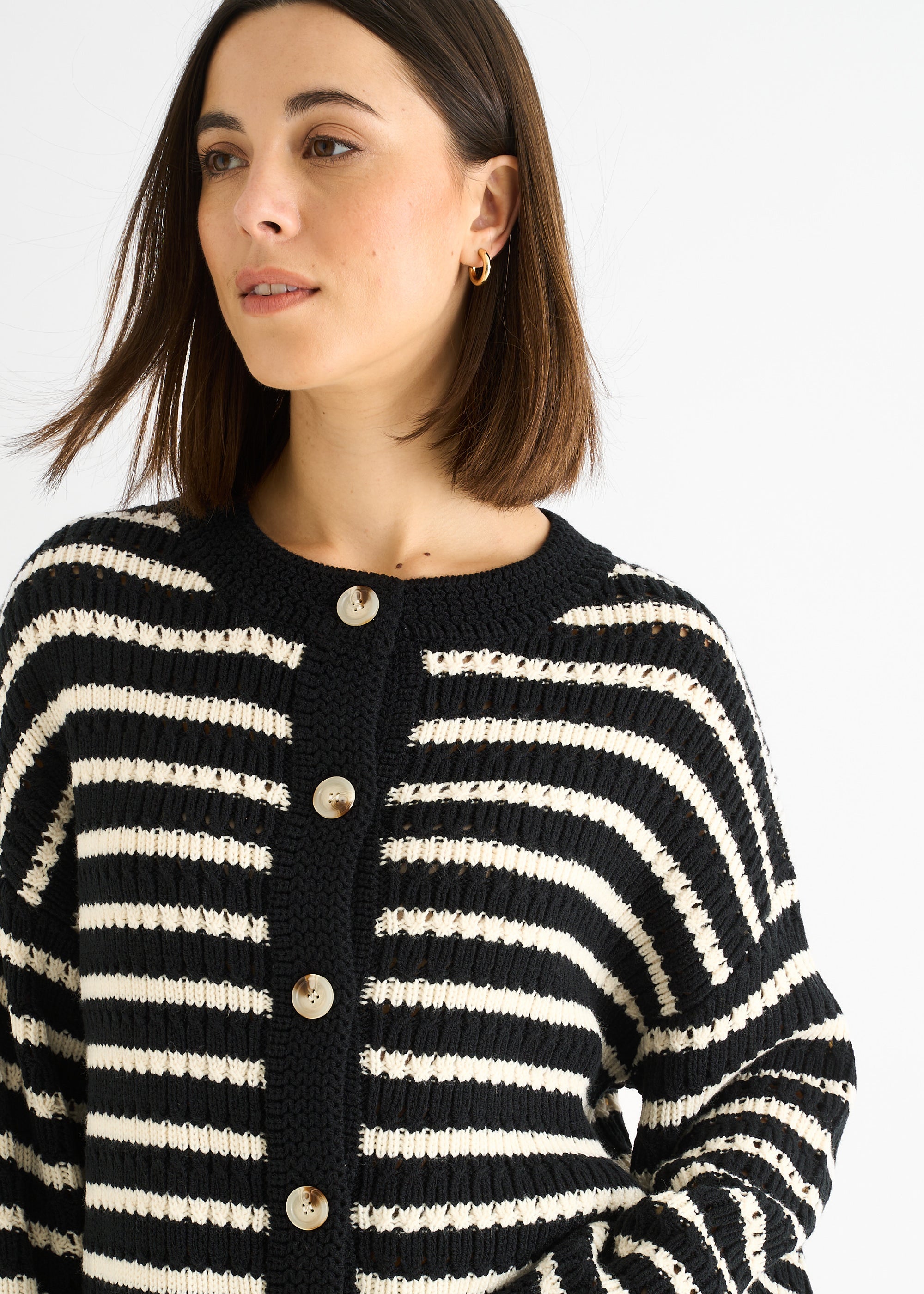Black Stripe Cable Knit Crop Cardigan