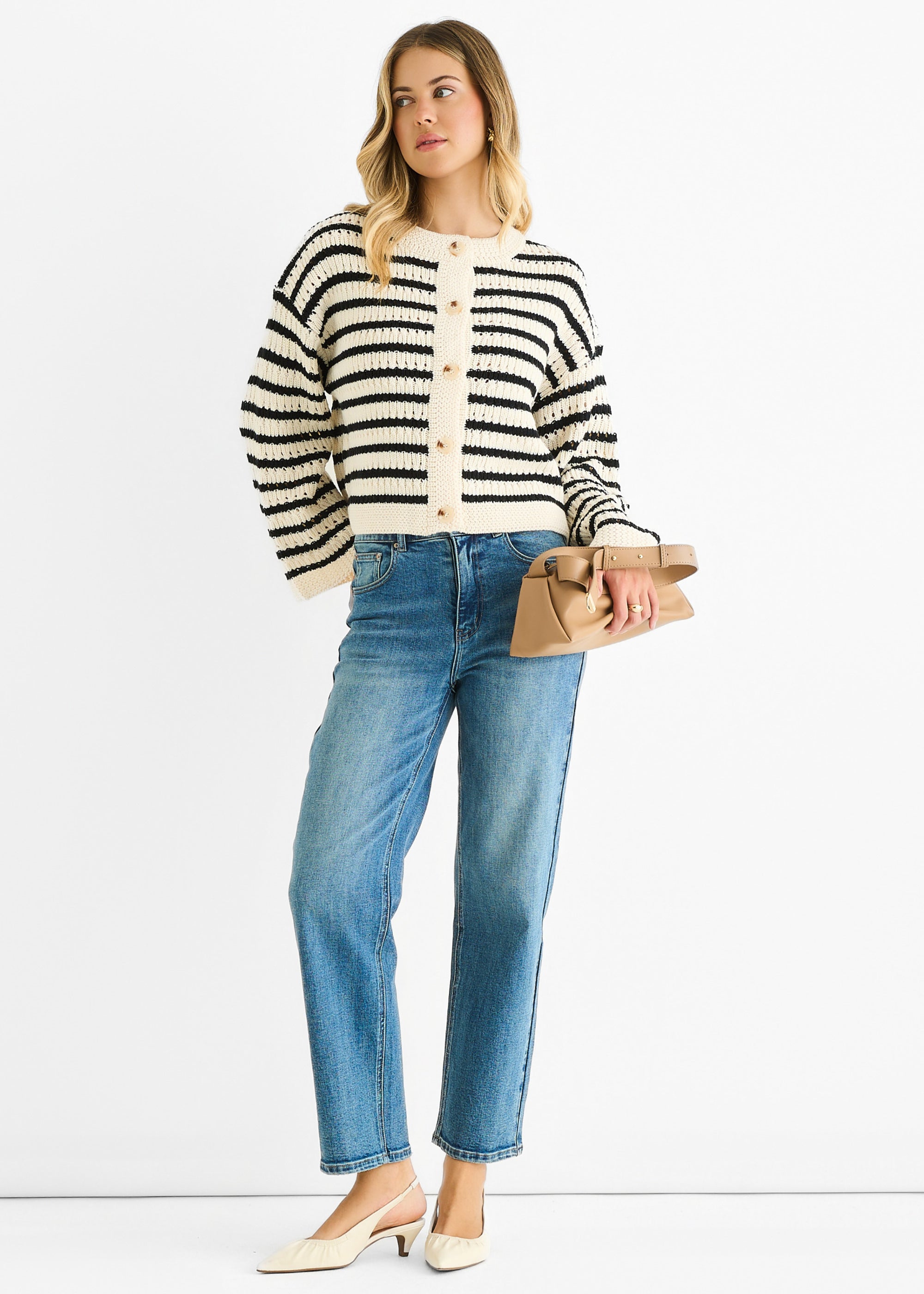 Cream Stripe Cable Knit Crop Cardigan