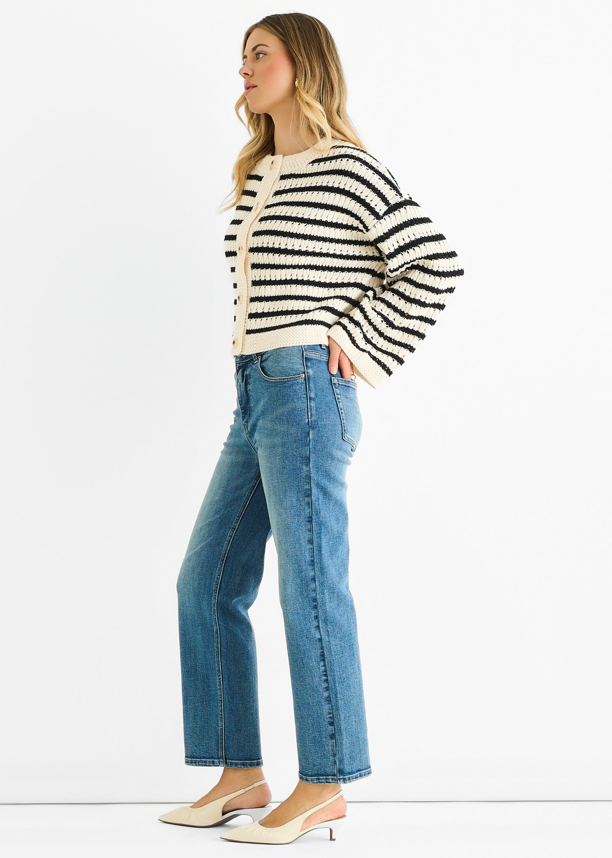 Cream Stripe Cable Knit Crop Cardigan