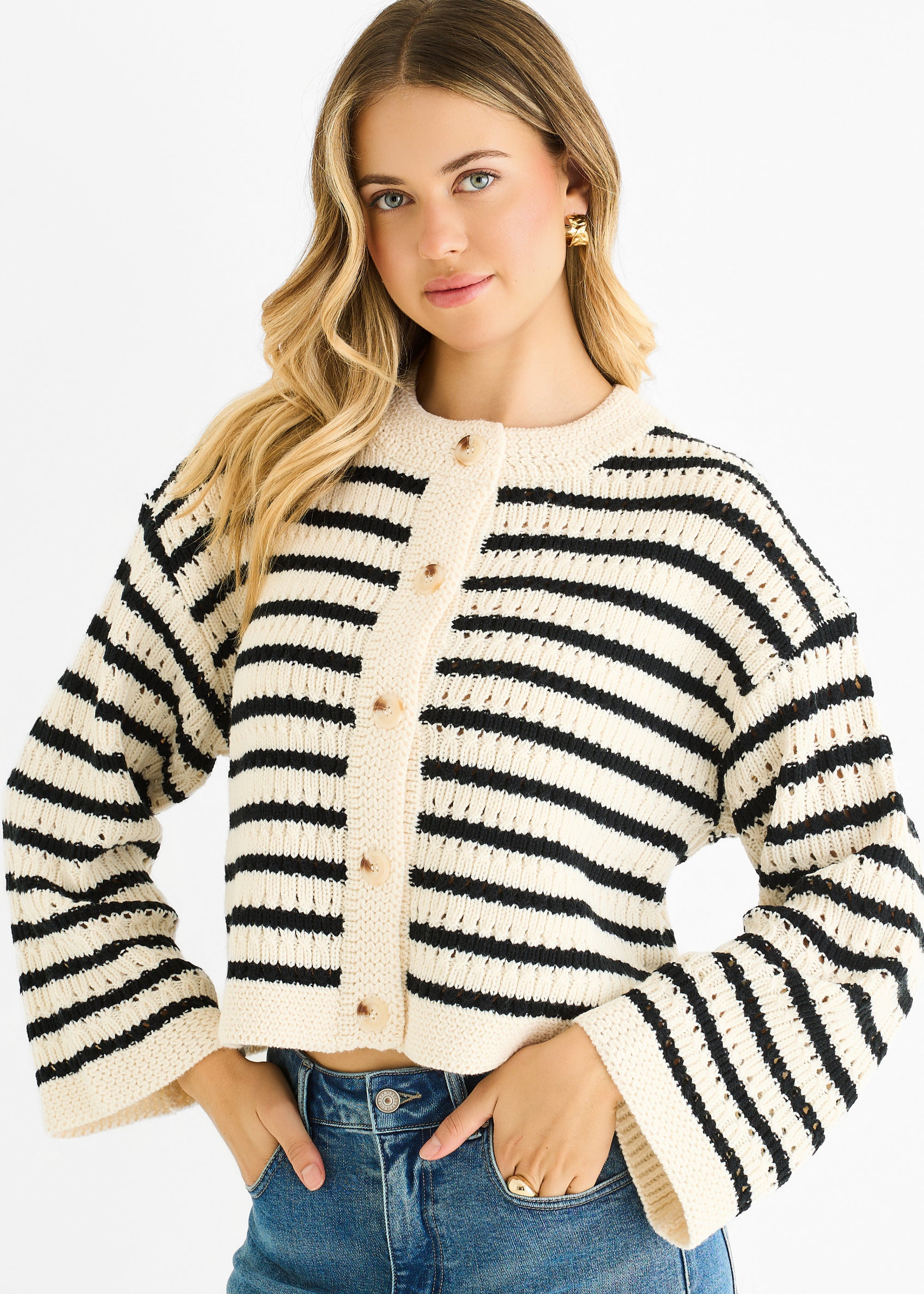 Cream Stripe Cable Knit Crop Cardigan