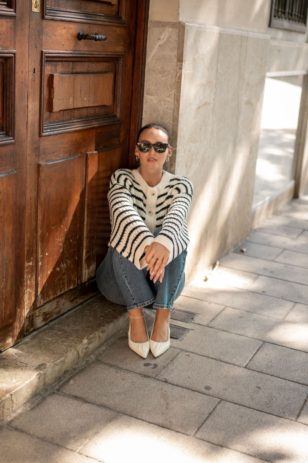 Cream Stripe Cable Knit Crop Cardigan