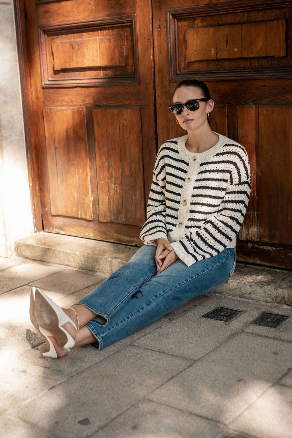 Cream Stripe Cable Knit Crop Cardigan