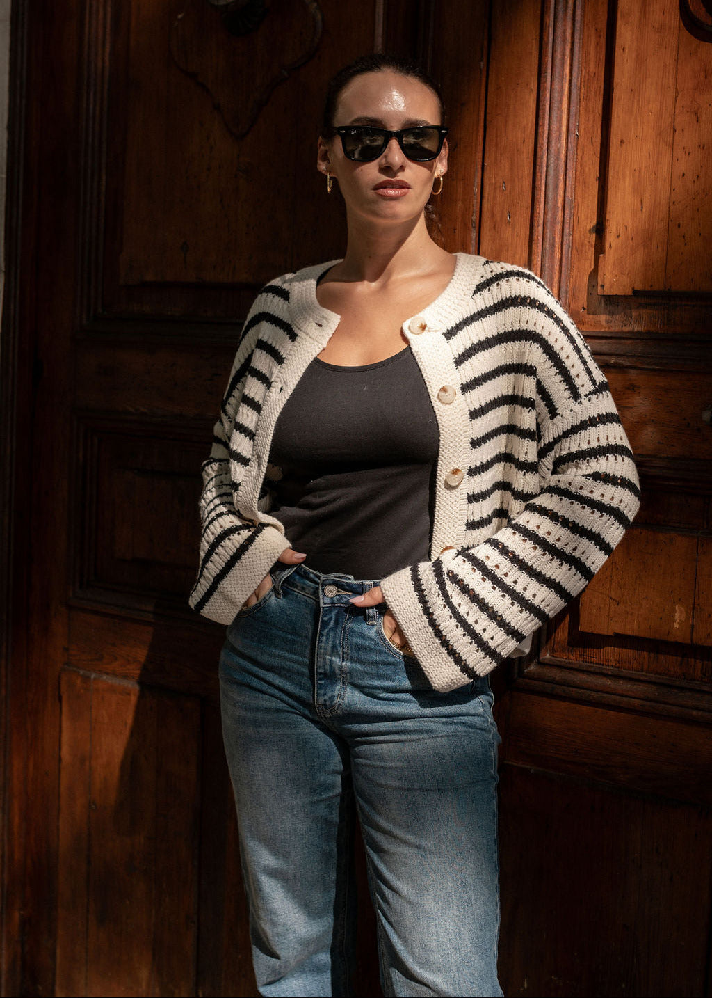 Cream Stripe Cable Knit Crop Cardigan
