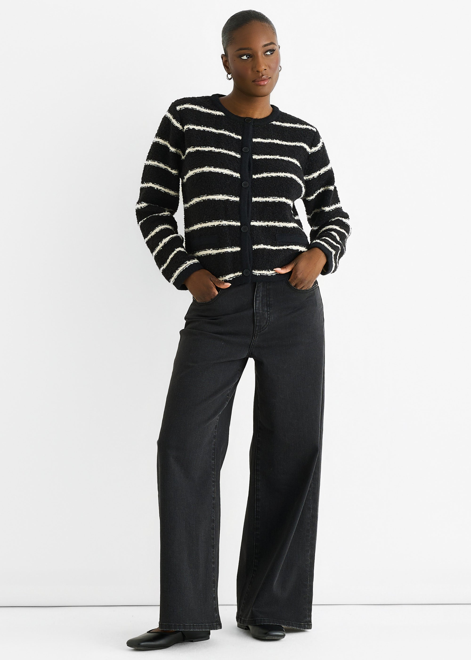 Black Stripe Boucle Recycle Knit Cardigan