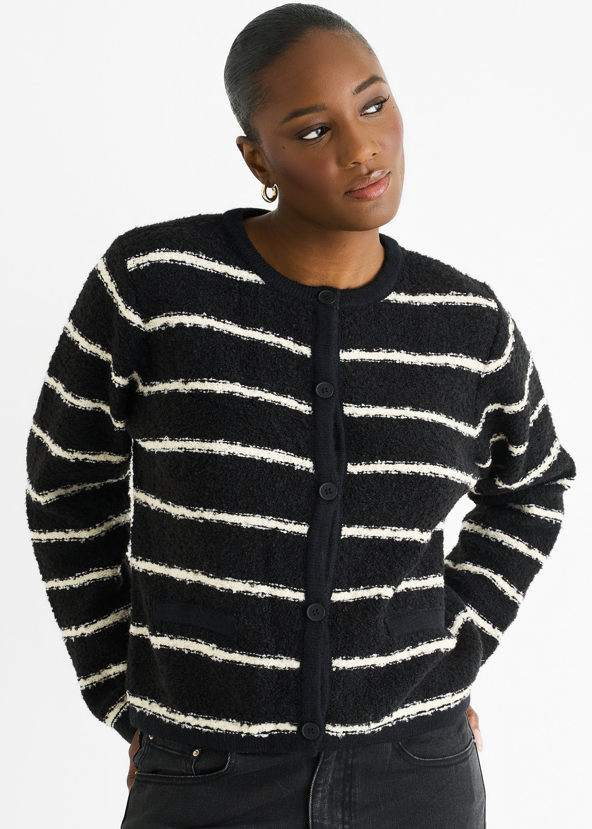 Black Stripe Boucle Recycle Knit Cardigan