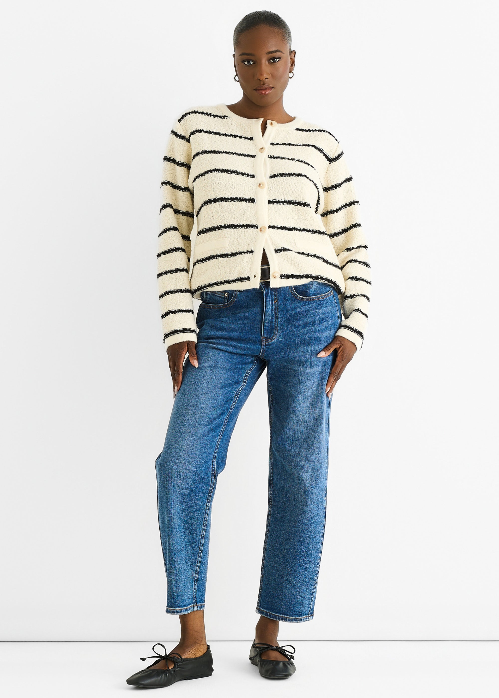 Cream Stripe Boucle Recycle Knit Cardigan