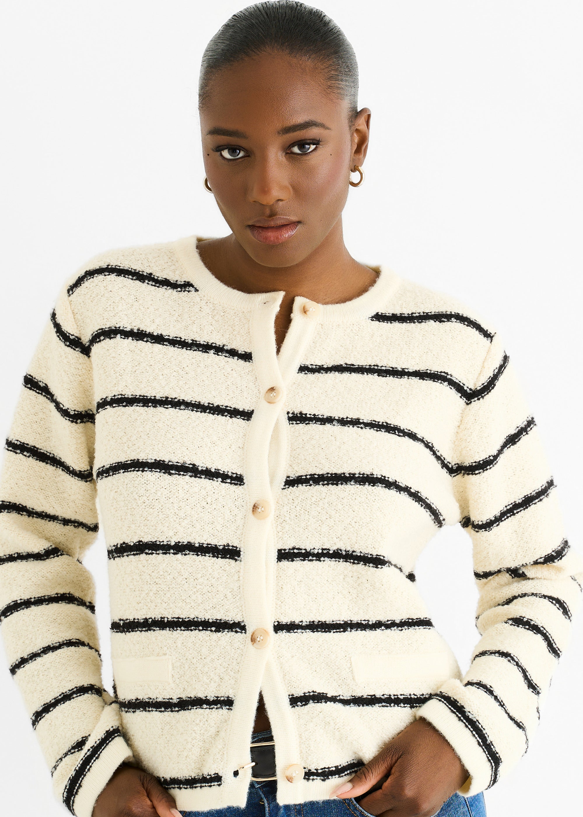 Cream Stripe Boucle Recycle Knit Cardigan