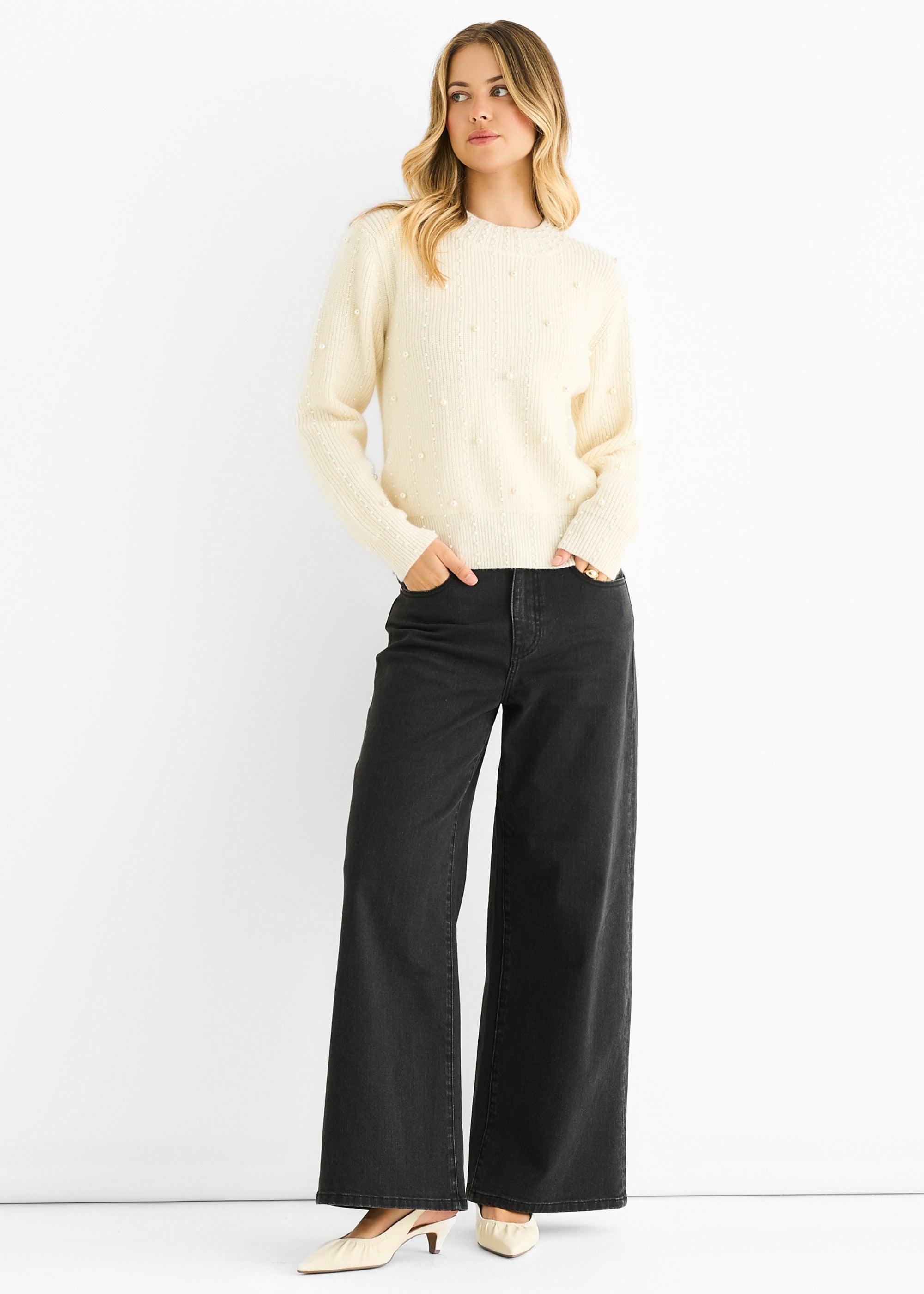 Cream Pearl Studded High Neck Knit Jumper