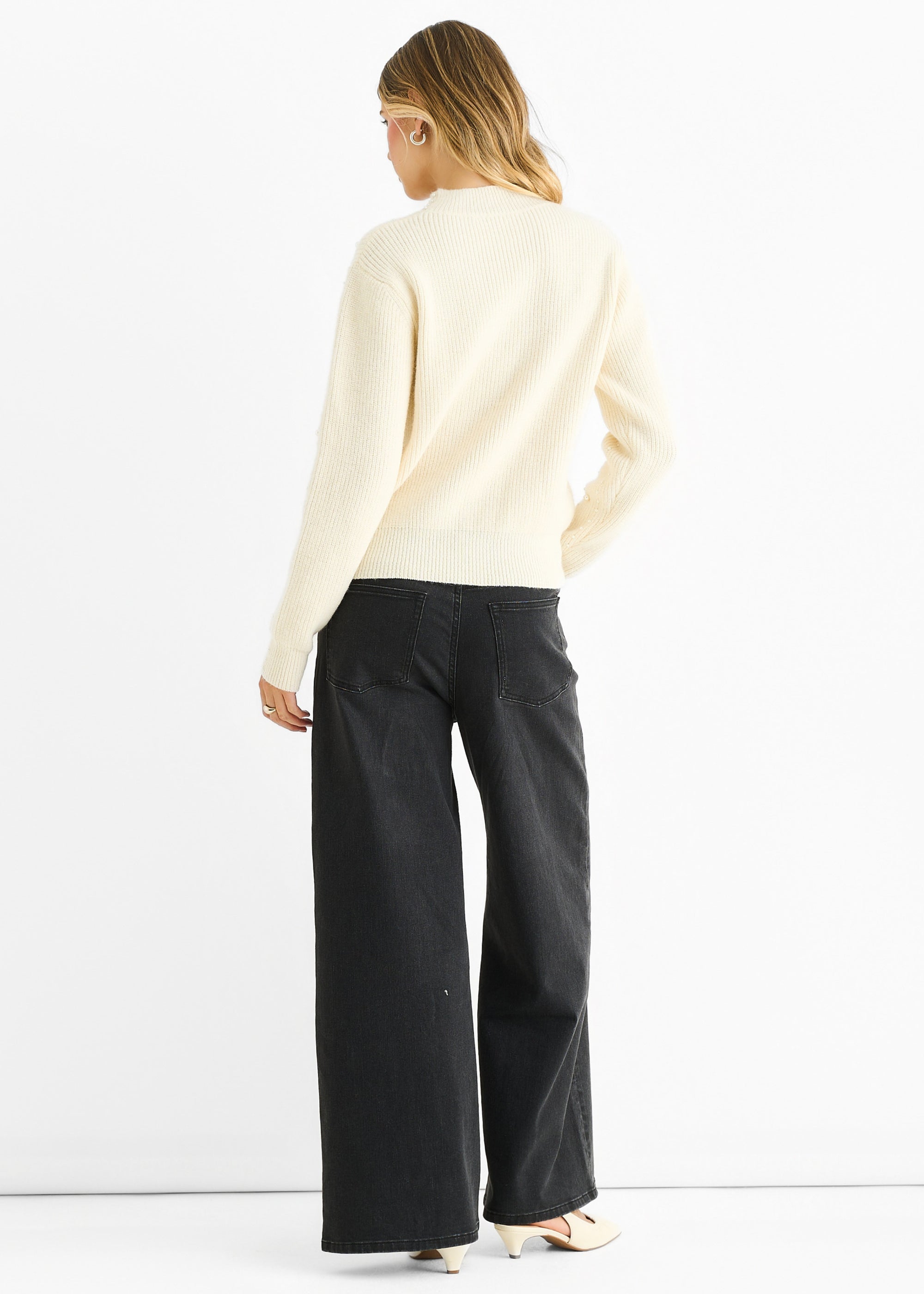 Cream Pearl Studded High Neck Knit Jumper