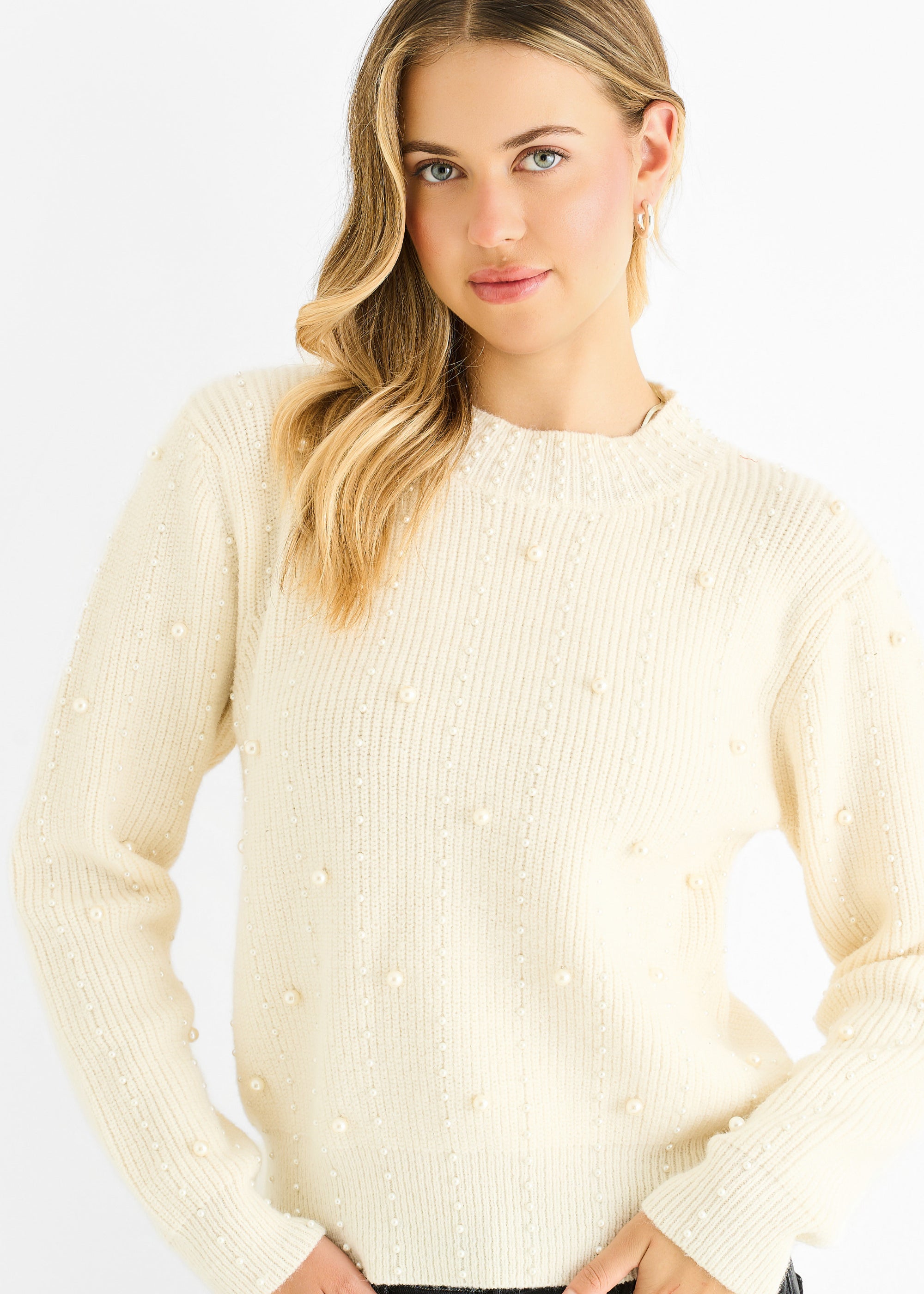 Cream Pearl Studded High Neck Knit Jumper