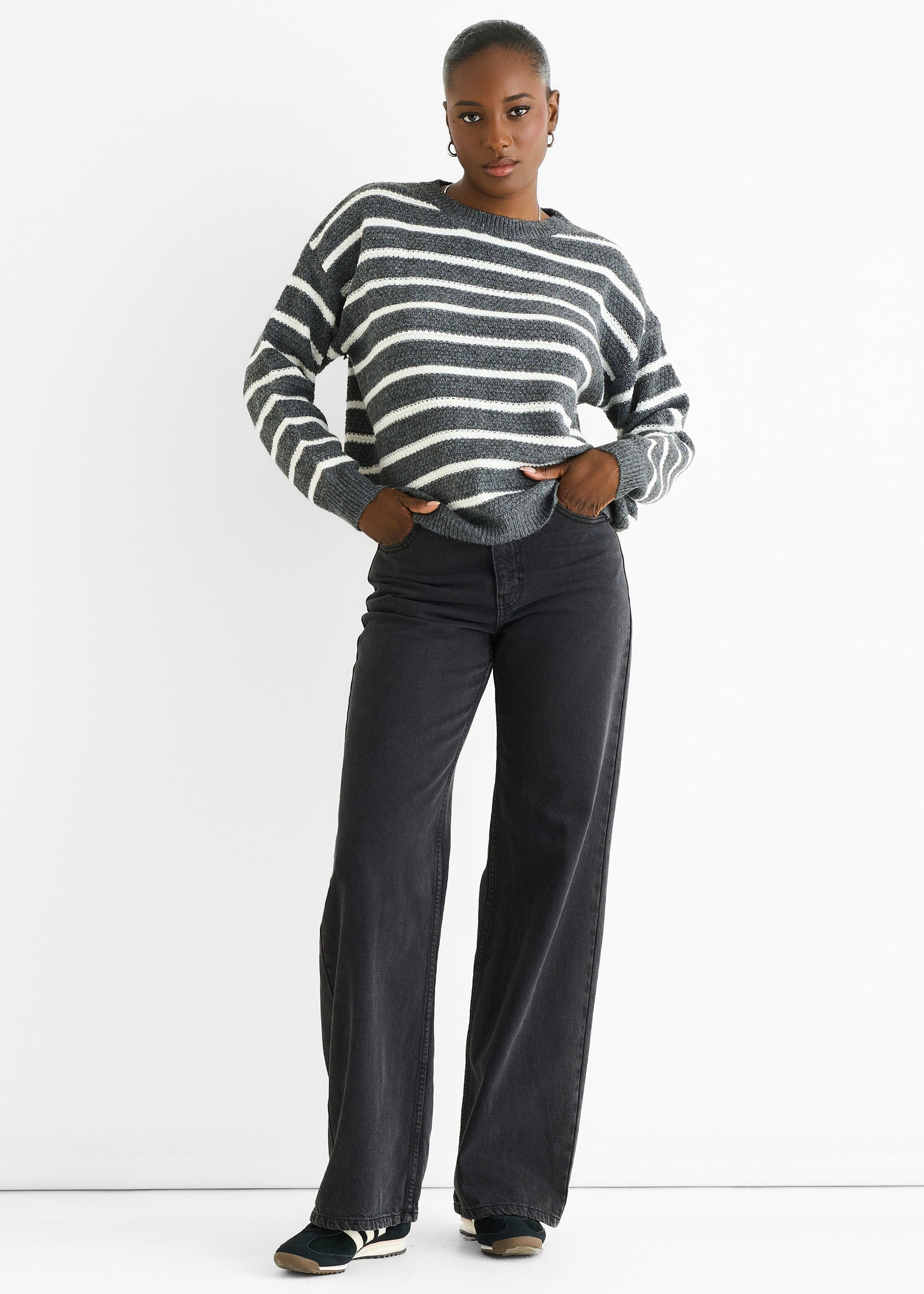 Grey Stripe Chunky Knit Oversized Jumper