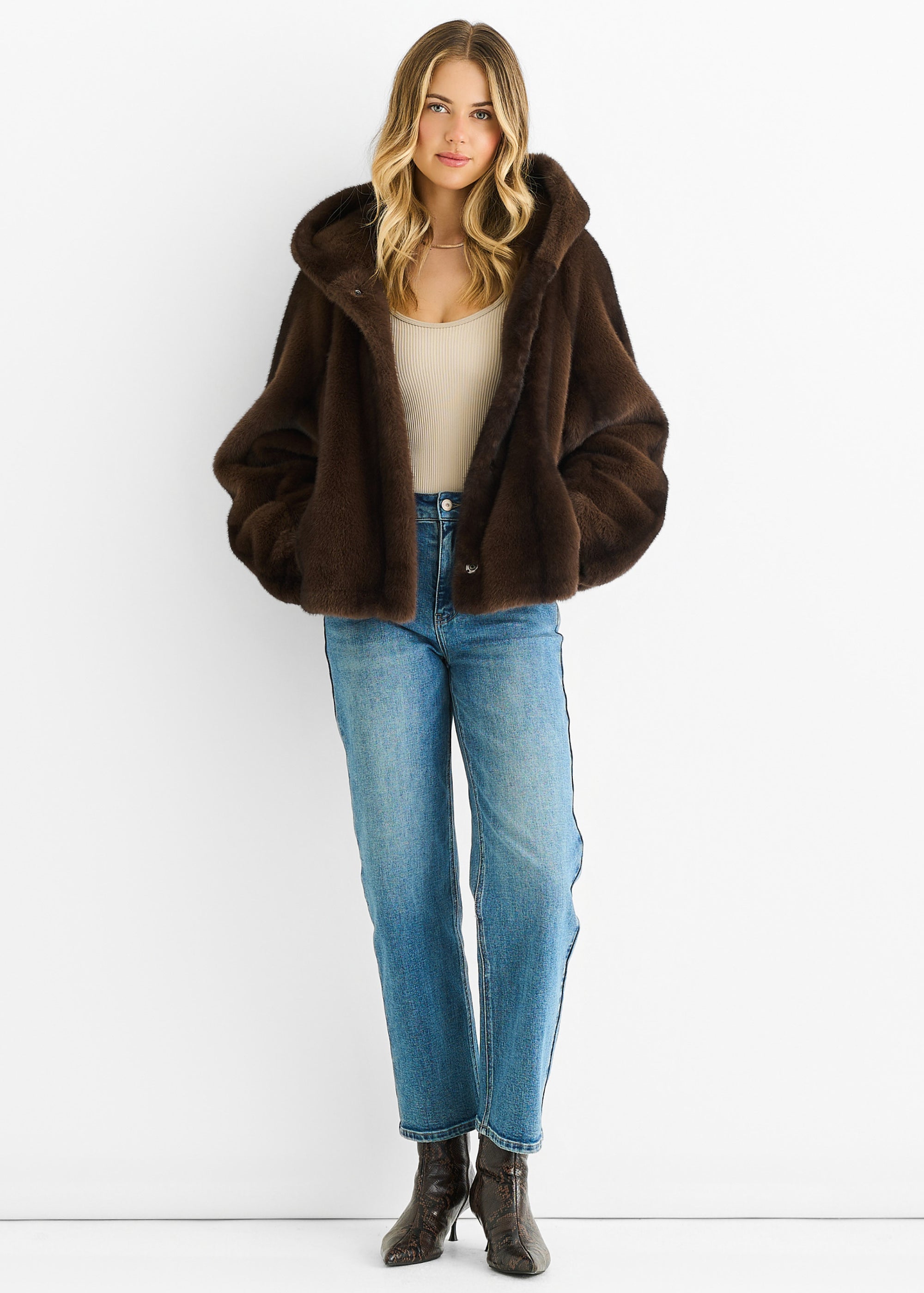 Coffee Ombre Hooded Faux Fur Jacket