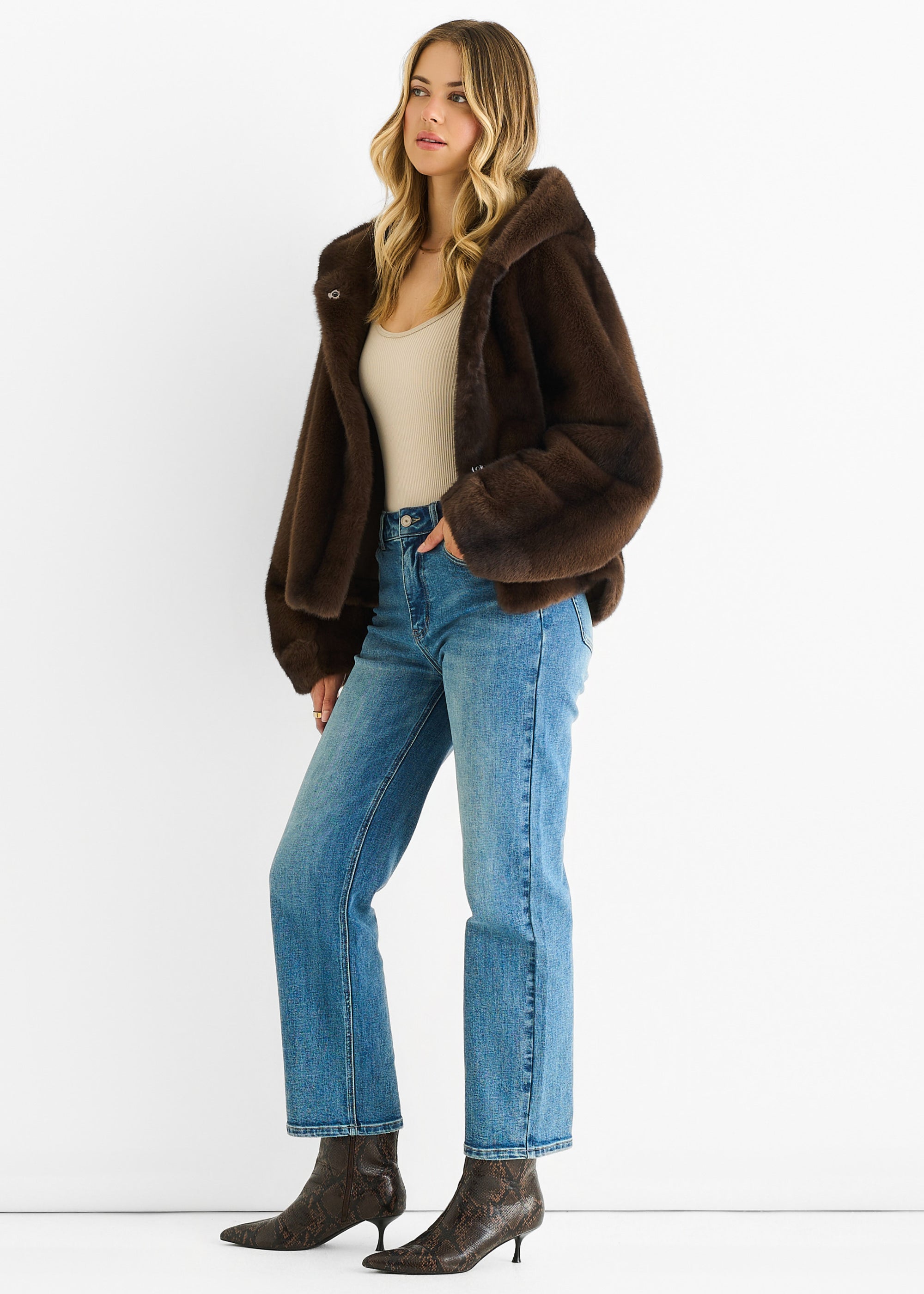 Coffee Ombre Hooded Faux Fur Jacket