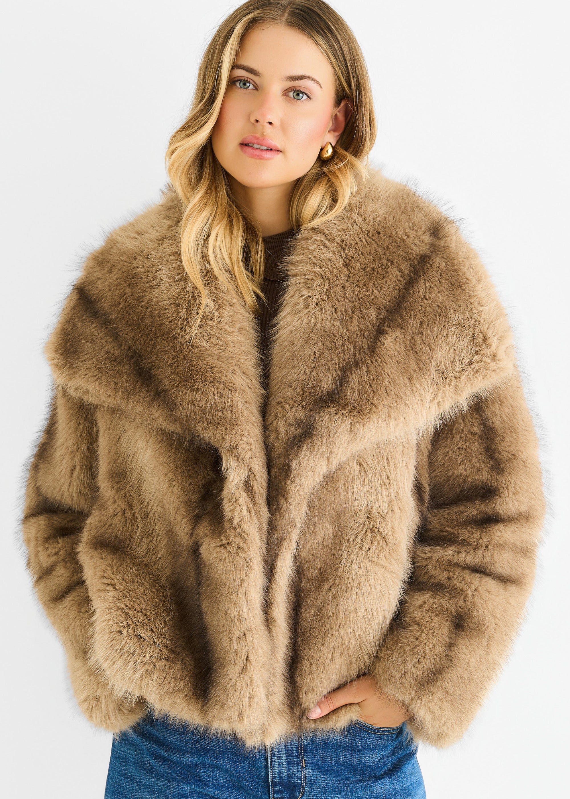 Camel Ombre Lapel Faux Fur Jacket