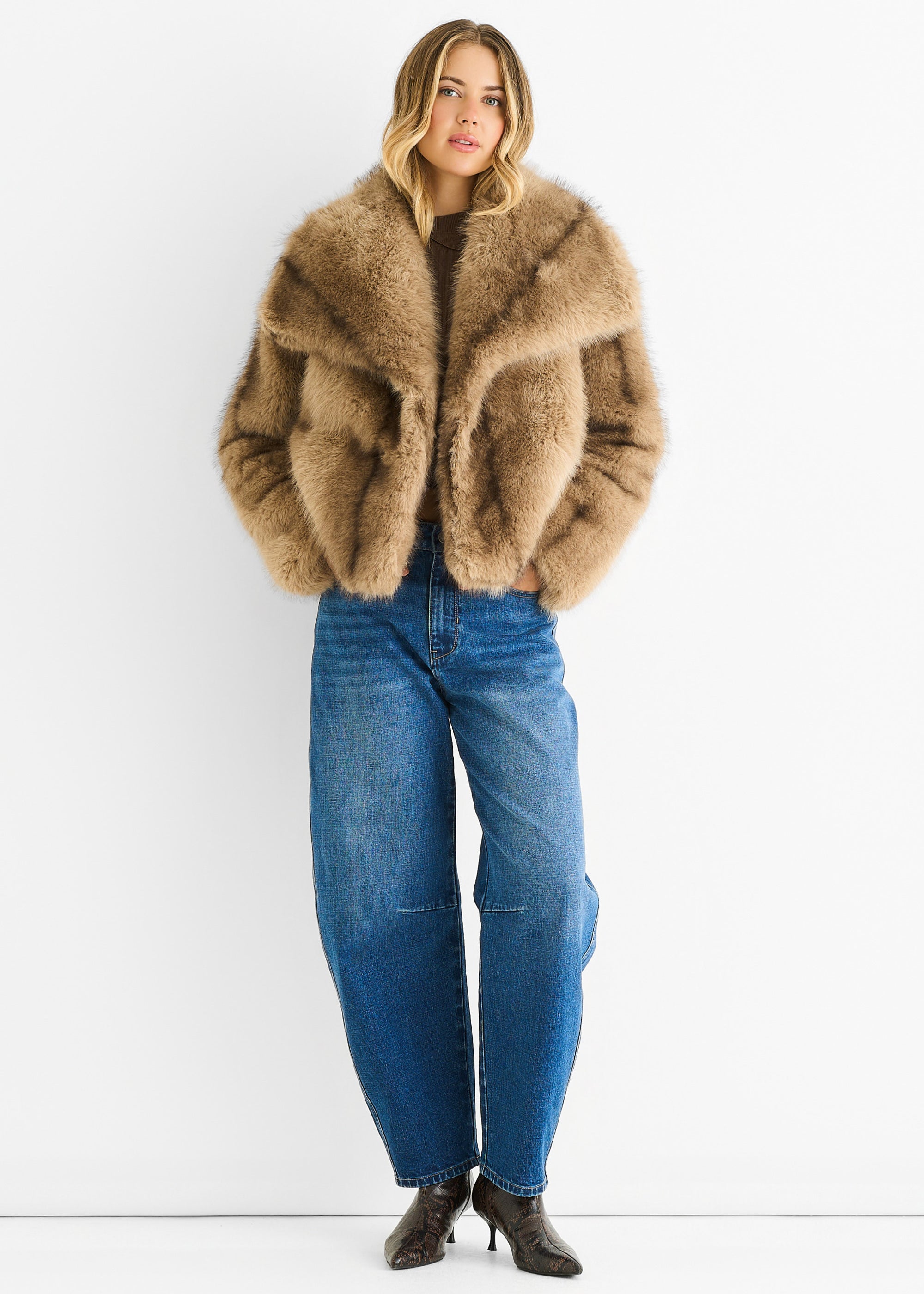 Camel Ombre Lapel Faux Fur Jacket