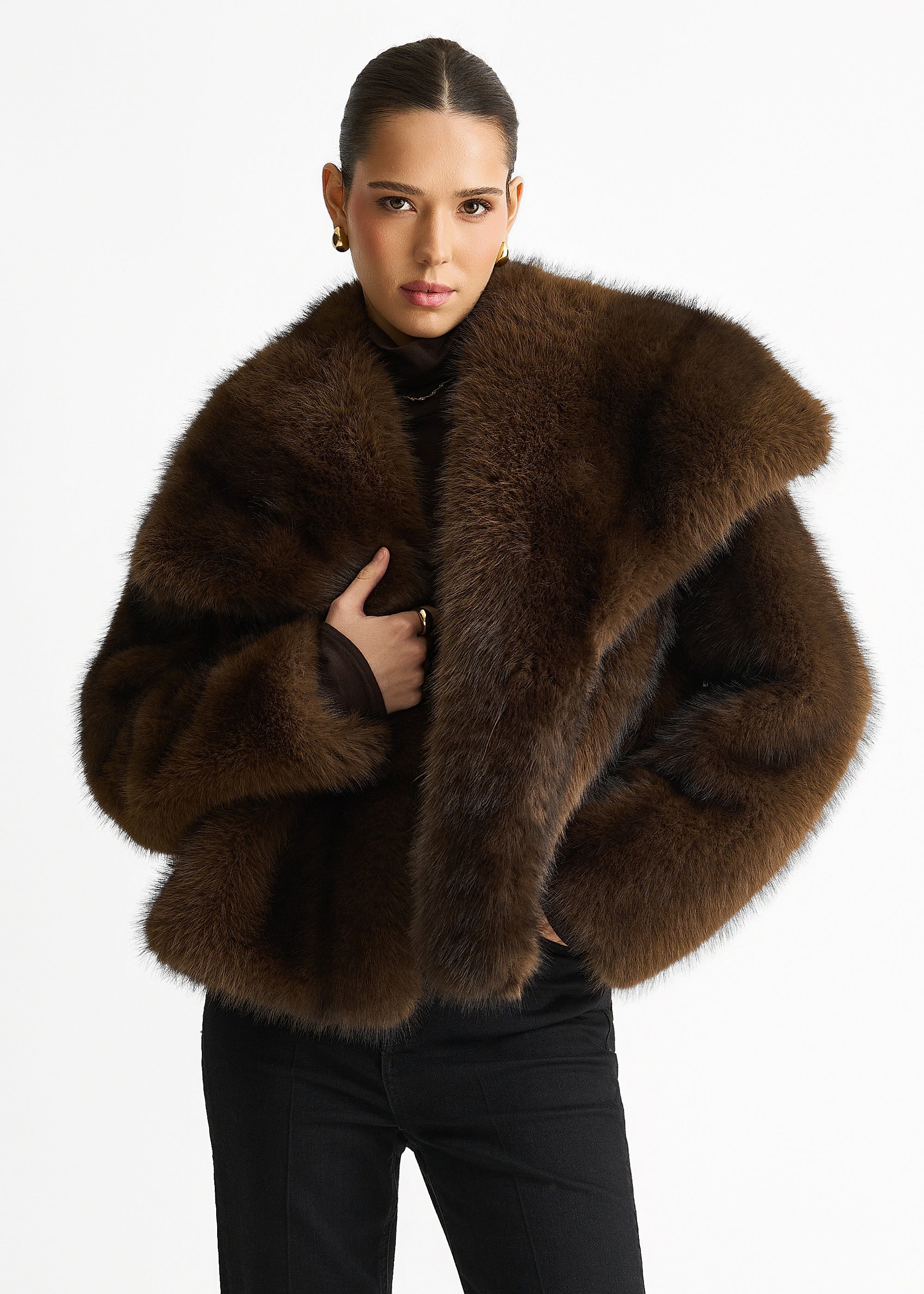 Coffee Ombre Lapel Faux Fur Jacket